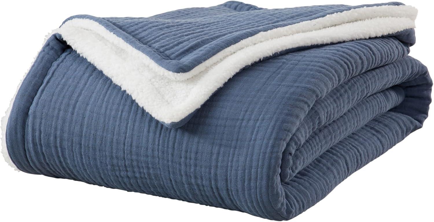 Market & Place Cotton Muslin Fleece Reversible Throw Blanket Blue