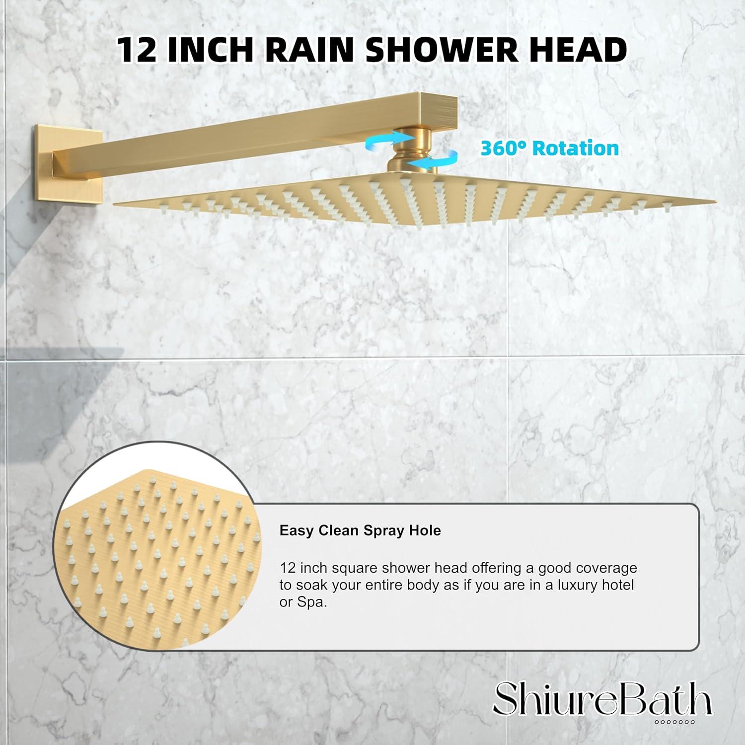 Shower system, 12" (approx. 30.5 cm) rain shower head and handheld spray bathroom shower unit with brass valve and wall trim kit Gold