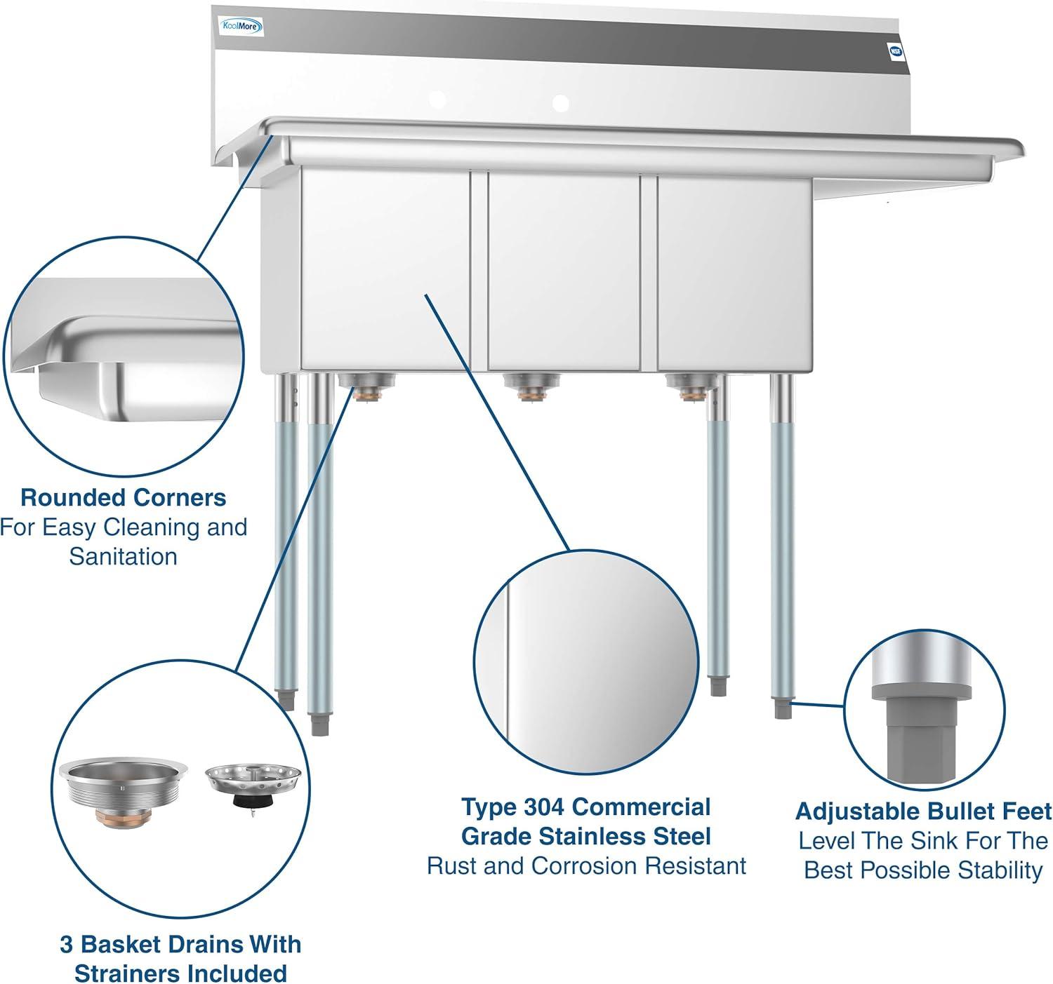 KoolMore 3 Compartment Stainless Steel Commercial Kitchen Sink with Drainboard - Bowl Size 10" x 14" x 10"