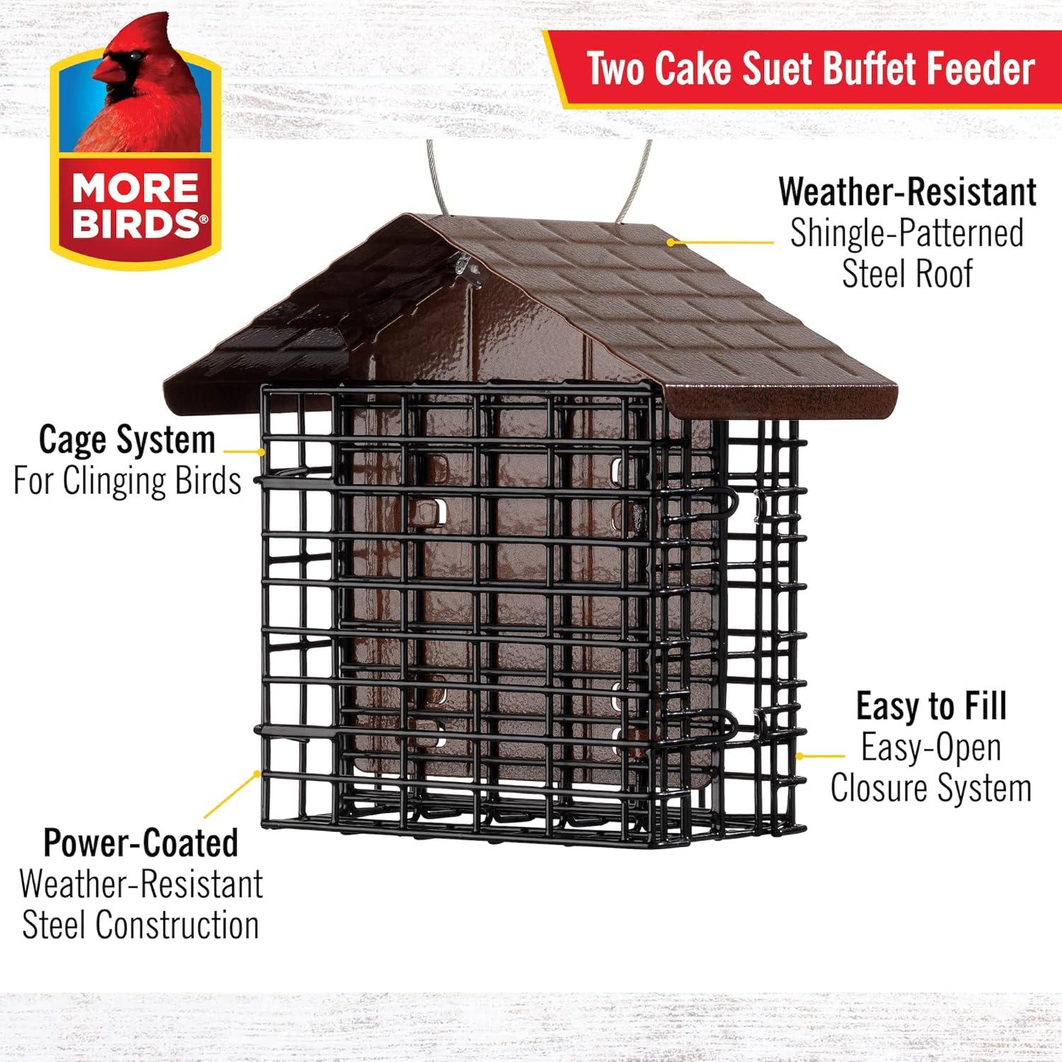 More Birds 2 Cake Suet Feeder with Weather Guard: Solid Steel, Dual Feeding Stations, Weather-Resistant