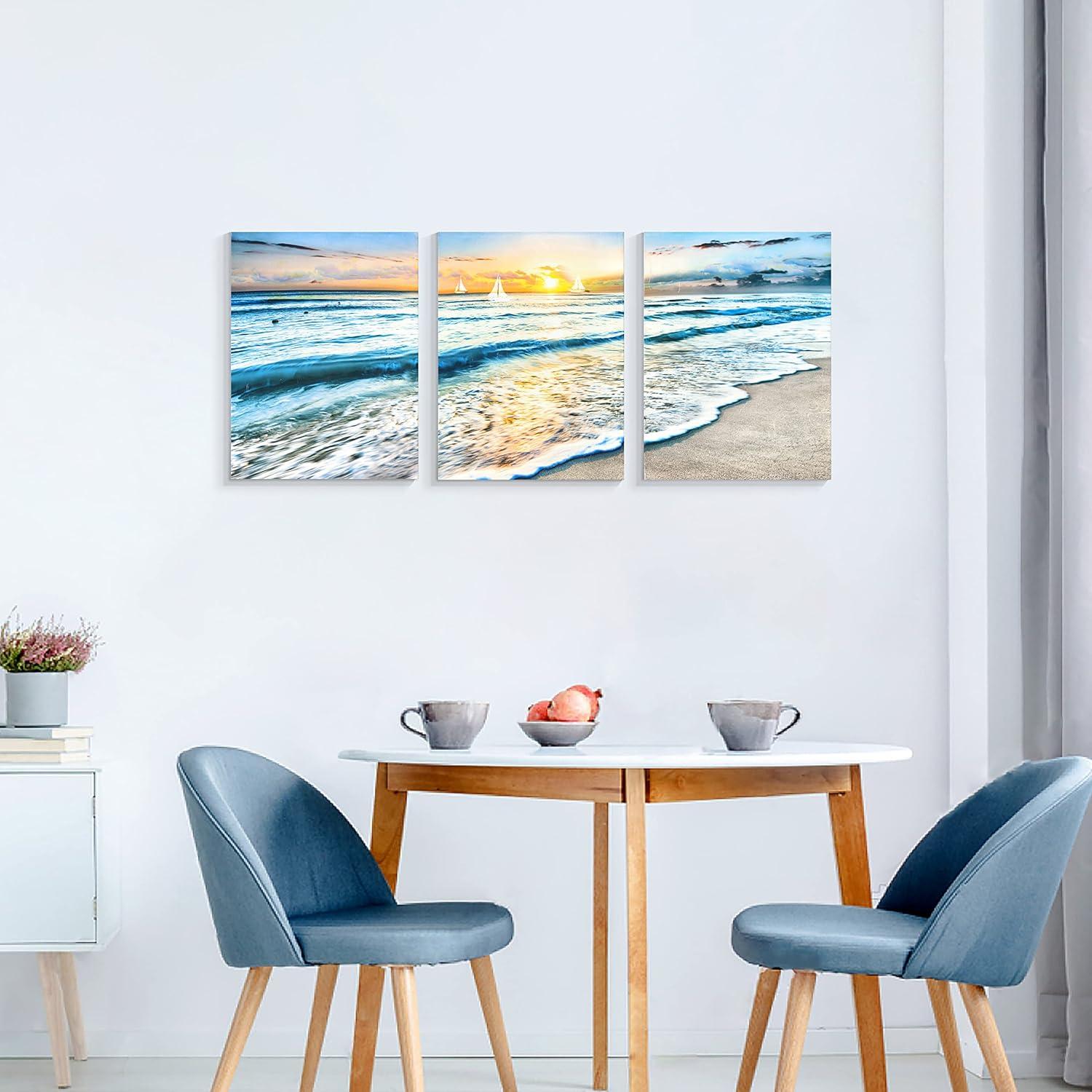 Asdg12s-3 Panel Wall Art Blue Sea Sunset White Beach Painting The Picture Print On Canvas Seascape The Pictures for Home Decor Decoration,Ready to Hang