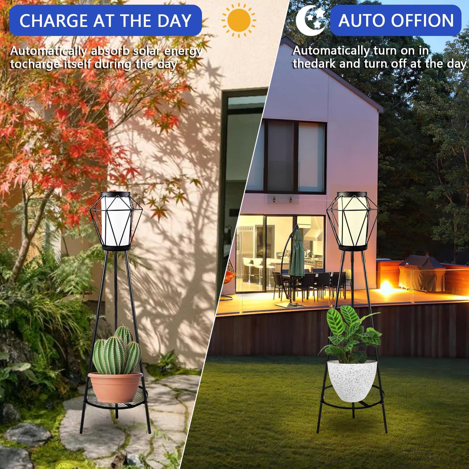 TOOTOO STAR Solar Floor Lamp 2 Piece Set, 35.5" High Solar Outdoor Lights with Plant Holder for Garden Patio Deck Porch Patio Decorative Lighting