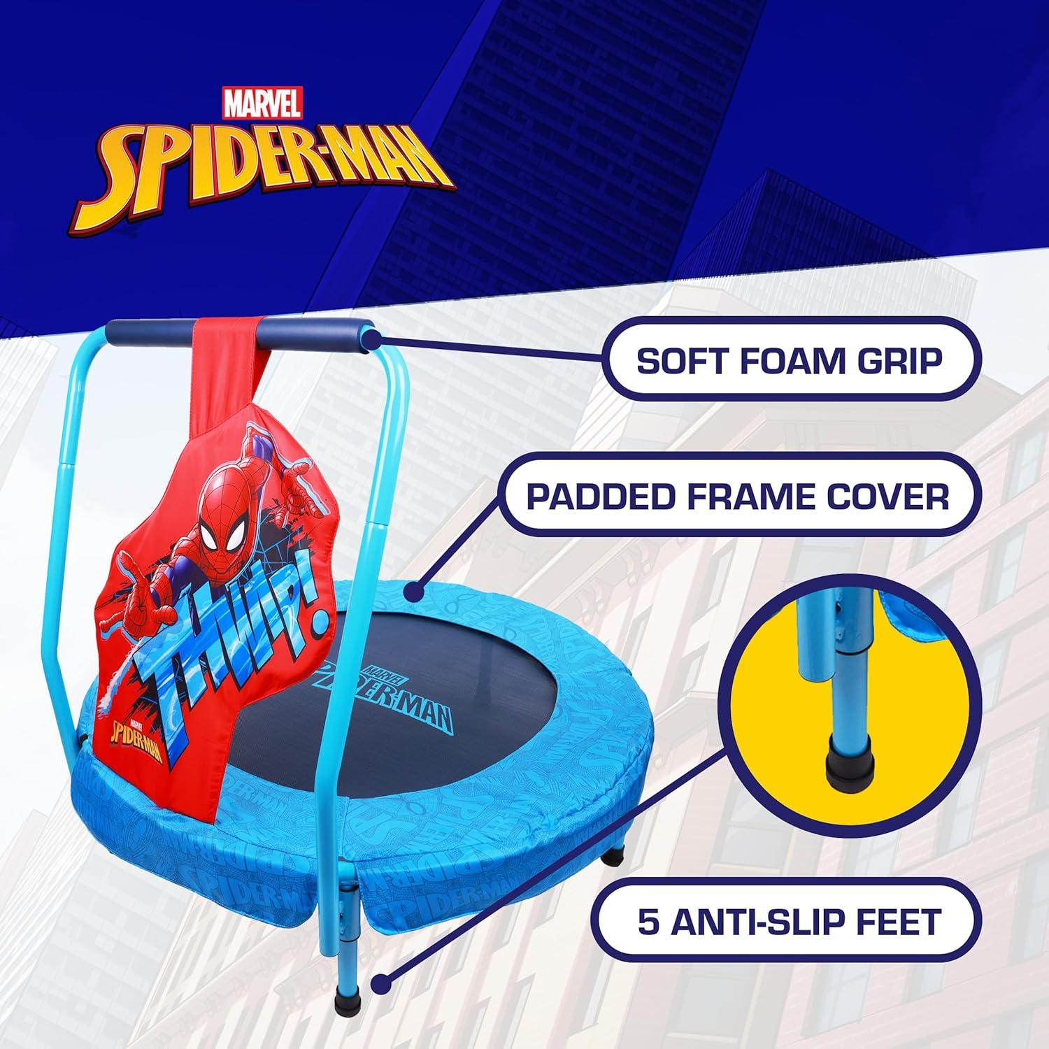 Marvel Spider-Man Trampoline for Kids, Indoor Mini Toddler Trampoline with Foam Handle Bar, Round Jumping Mat, Blue