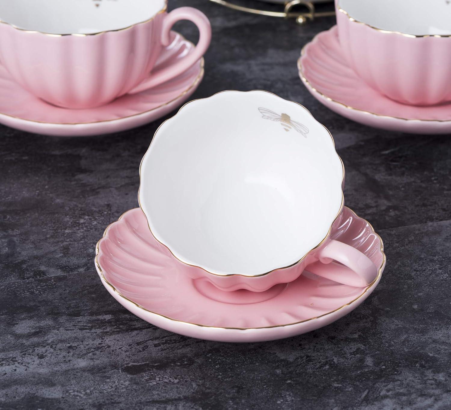 Pink Fine China Coffee and Tea Set with Stand, 17-Piece