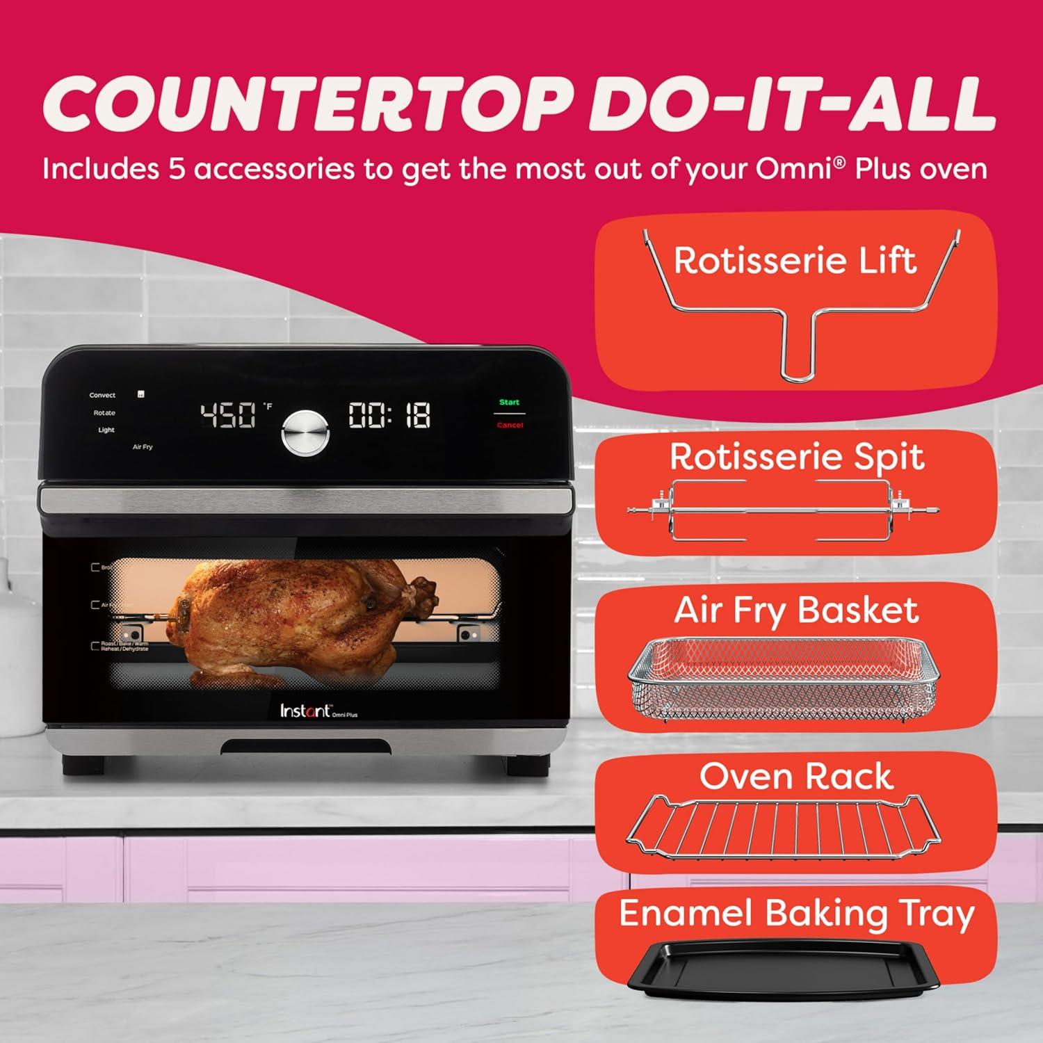 Instant Pot Omni Plus 18L Air Fryer Toaster Oven 10-in-1 Combo, Rotisserie Oven, Deep Fryer, Oil-less Mini Cooker, Convection Oven, Dehydrator, Roaster, Warmer, Reheater, Pizza Oven