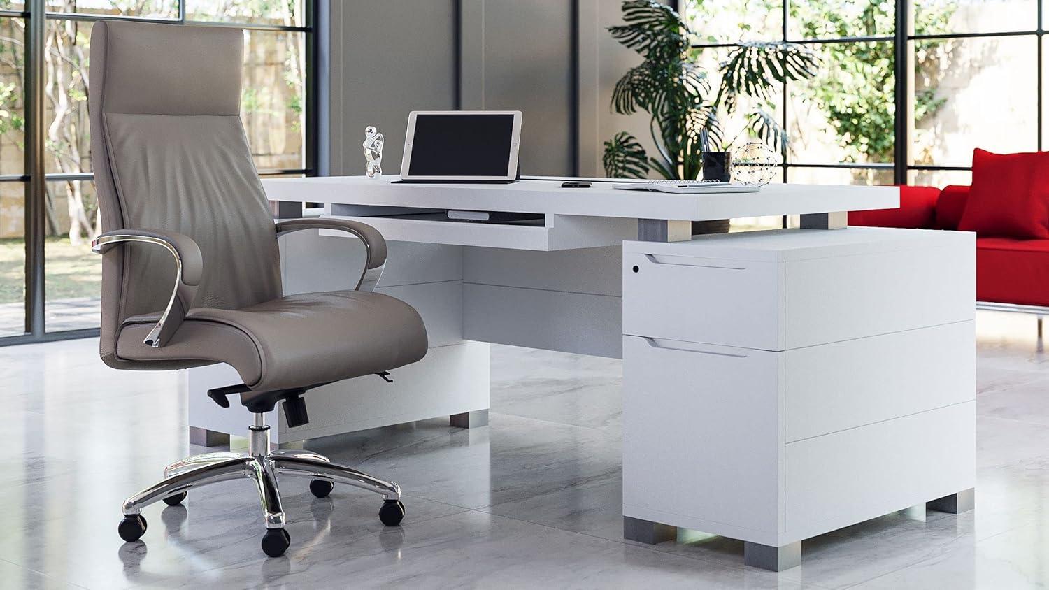 White Wood Executive Desk with Drawers and Keyboard Tray