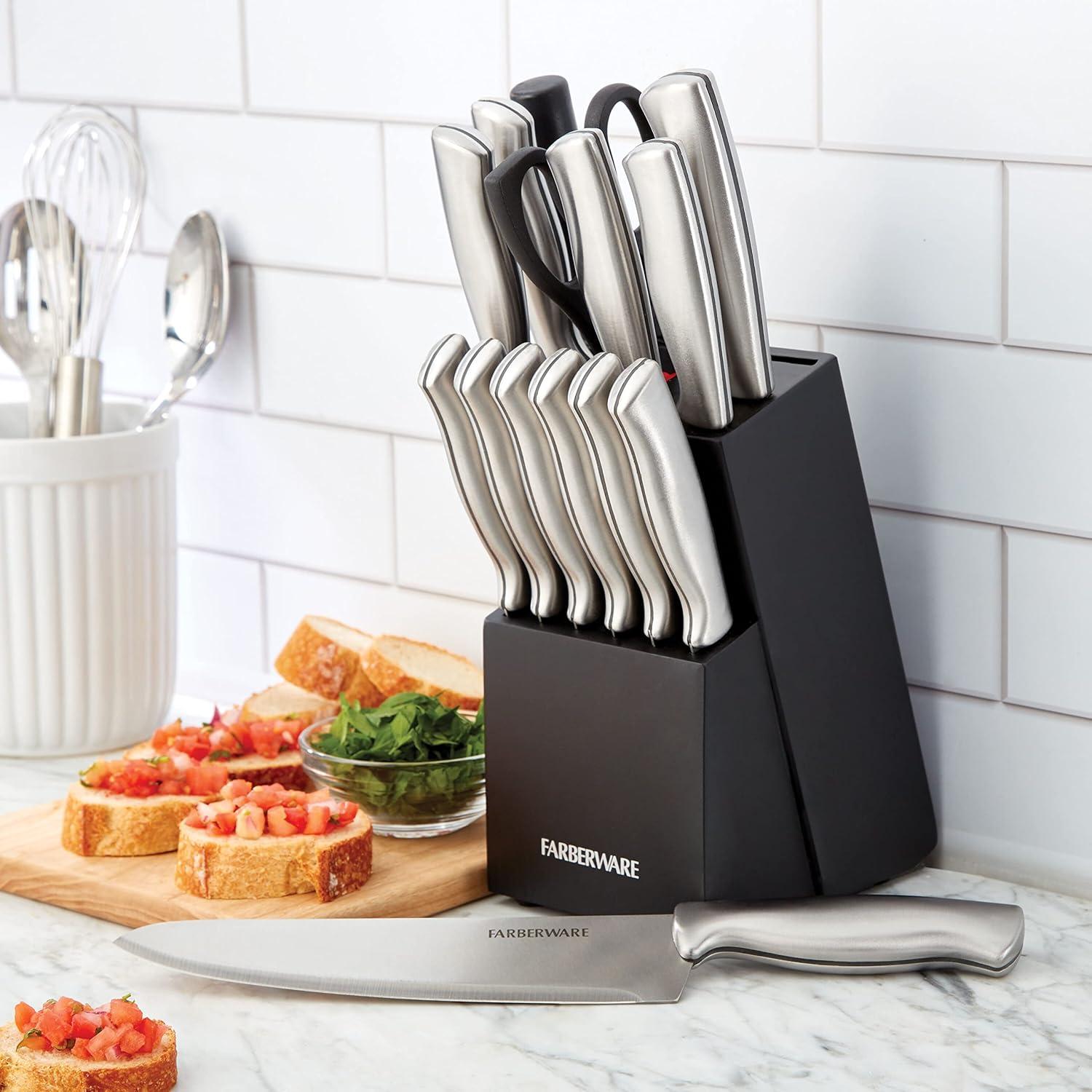 Farberware 15pc Stainless Steel Knife Block Set: Kitchen Knife Set with Block, Serrated Blades, Hand Wash, Silver