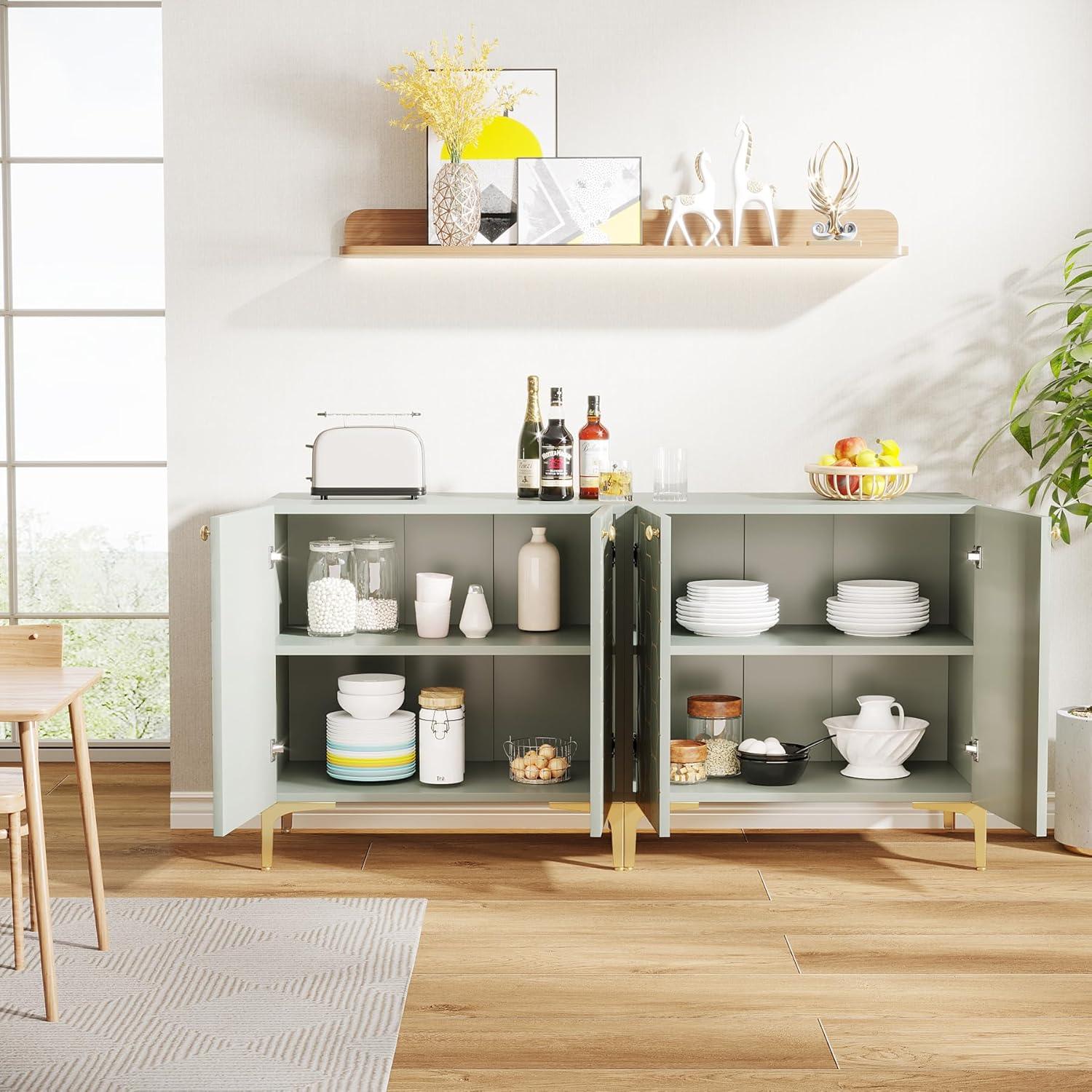 Tribesigns Sideboard Buffet Cabinet Set of 2, Modern Buffets Storage Cabinets with Adjustable Shelves, Wooden Credenza Accent Cabinet for Kitchen, Living Room, Entryway (Light Green)