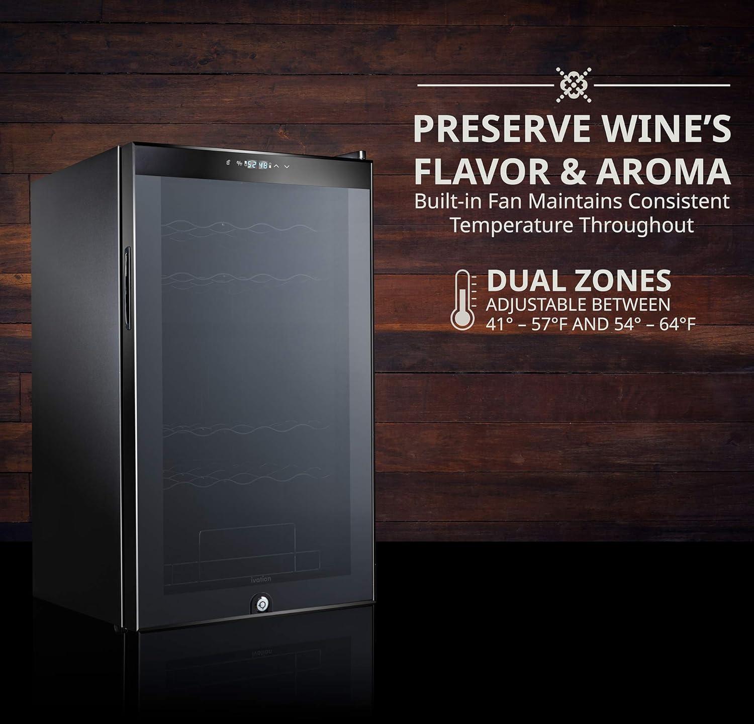 Ivation 33 Bottle Wine Cooler Fridge, Dual Zone Refrigerator with Lock