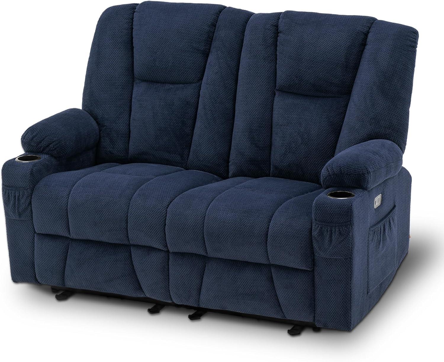 MCombo Power Loveseat Recliner w/ Massage USB Port for Living Room Navy Blue Fabric 6025