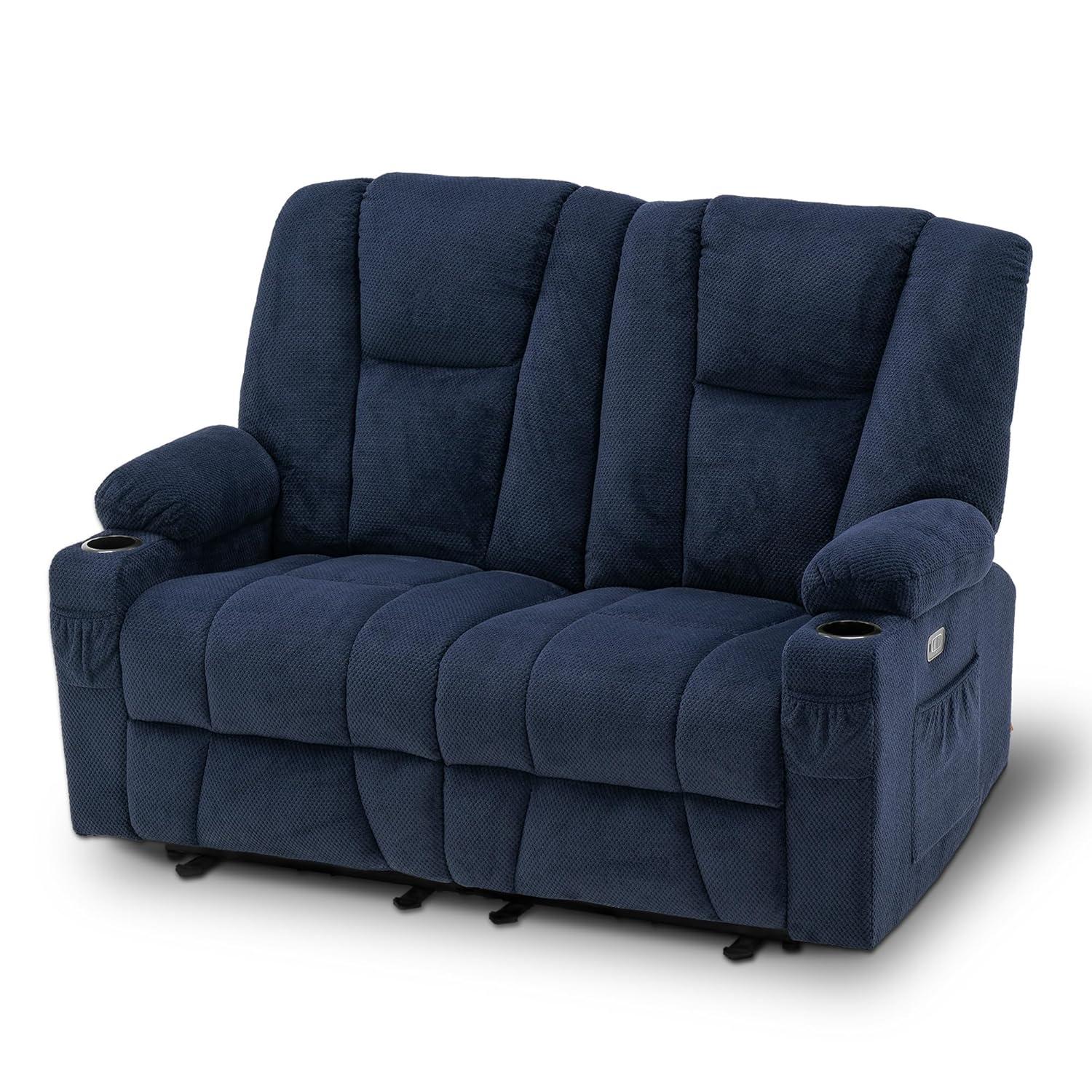 MCombo Power Loveseat Recliner w/ Massage USB Port for Living Room Navy Blue Fabric 6025