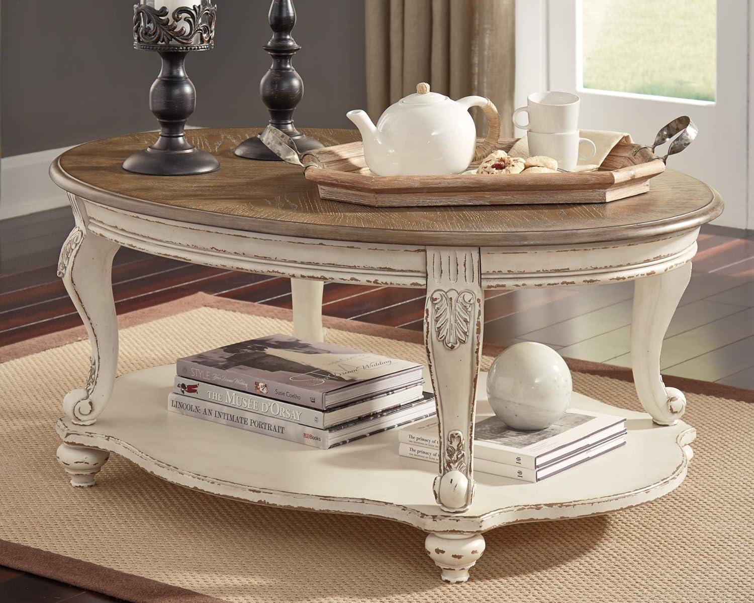 Antiqued Two-Tone Oval Wood Coffee Table with Cabriole Legs