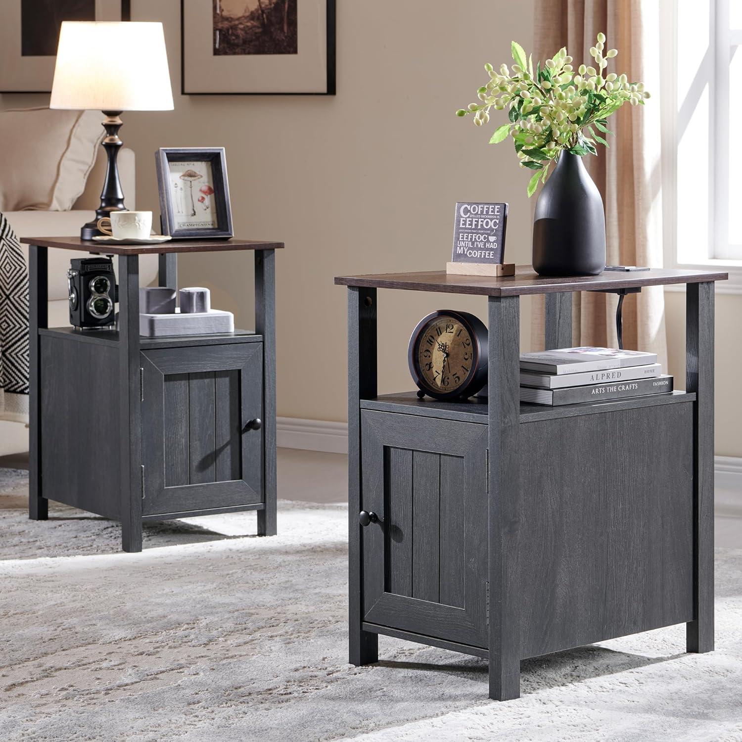 2 PCS Nightstand with Charging Station & Barn Door & Open Shelves，Farmhouse End Table for Bedroom, Living Room, Gray