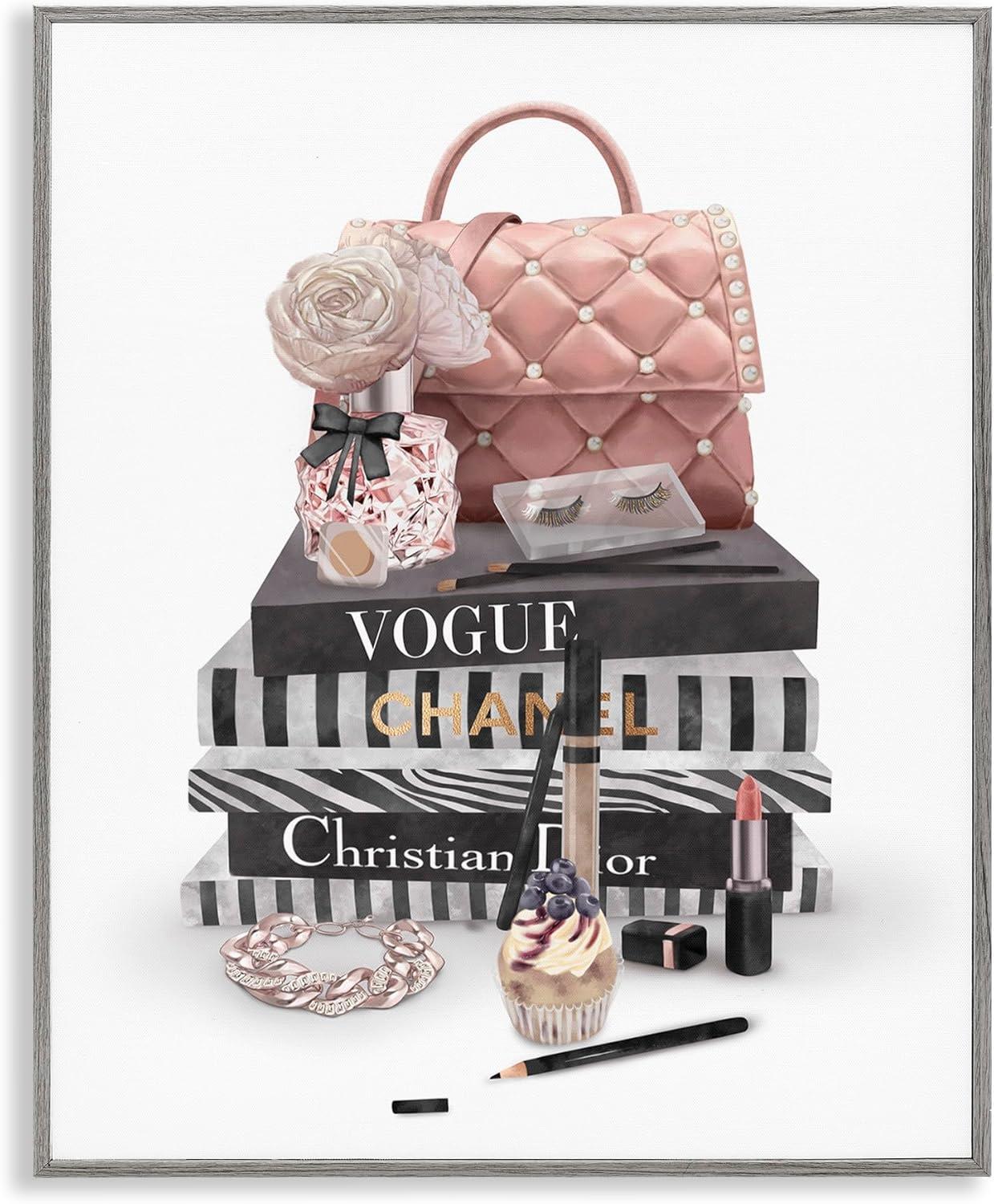 Pink Glam Fashion Bookstack Canvas Print with Gray Frame