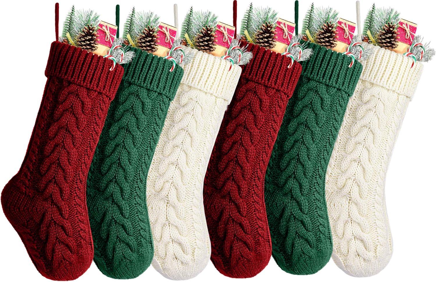 6pcs Christmas Stockings 18 inch Burgundy, Ivory, Green Vintage Cable Knit Xmas Stockings for Family Christmas DecoratioBurlap Christmas Stockings Xmas Fireplace Hanging Stockings,Truck Christmas Buf