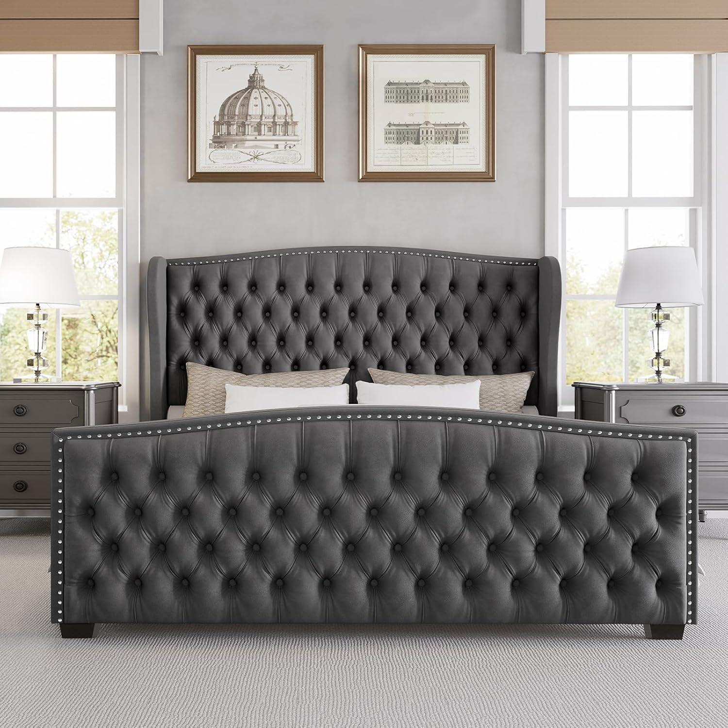 Queen Gray Velvet Upholstered Platform Bed with Tufted Headboard