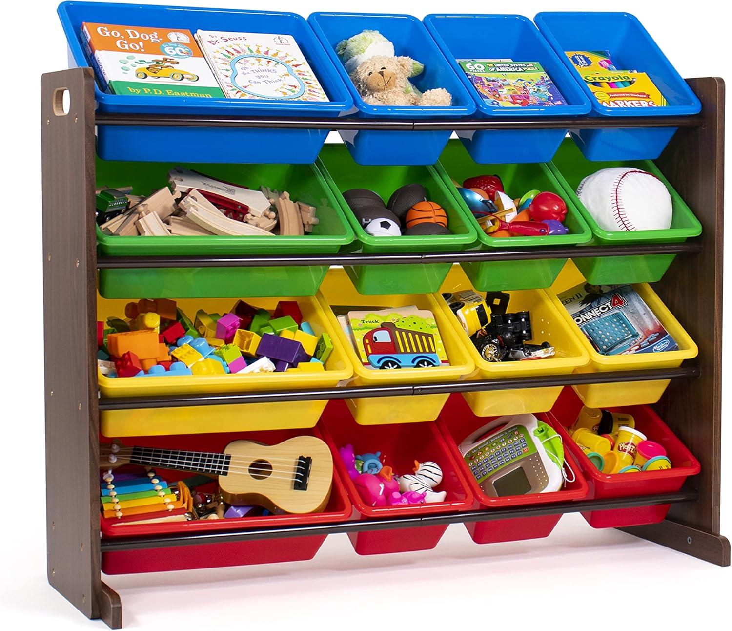 Discover Supersized Kids' Toy Storage Bin Organizer Dark Wood - Humble Crew: MDF Shelves, Anti-Tip, 17 Pieces