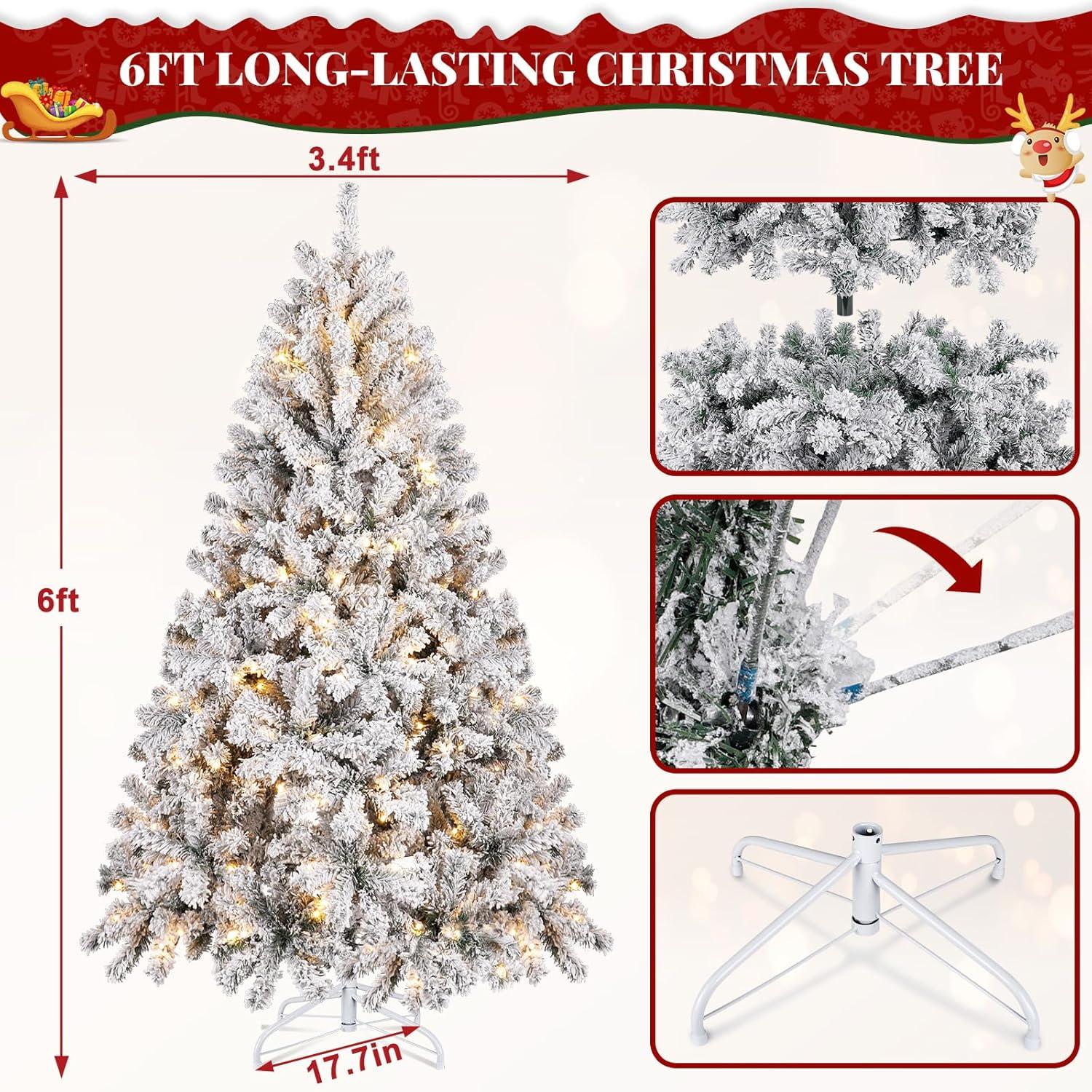 6FT Prelit Christmas Tree with Lights, Snow Flocked Artificial Christmas Tree with 250 Warm White LED Lights, 820 Branch Tips, Indoor Fake Xmas Tree for Home, Office, Party Decoration