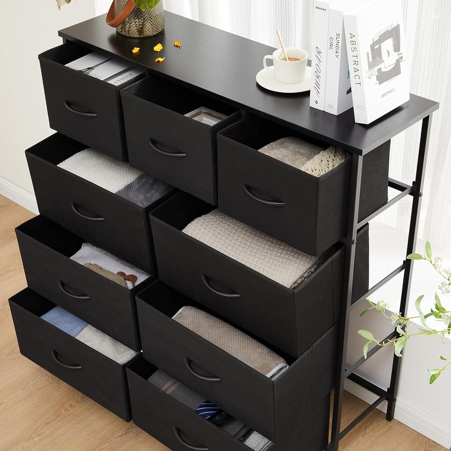 DUMOS Dresser for Bedroom, Storage Organizer with 9 Drawers, Chest of Drawers with Fabric Bins, Sturdy Metal Frame, Wood Tabletop for Guest Room, Closet, Entryway, Nursery