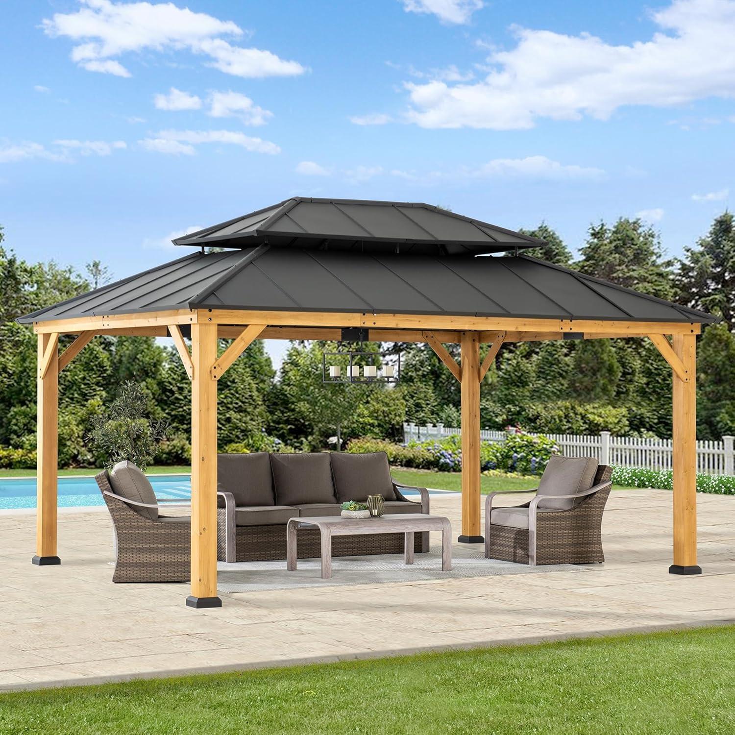 Sunjoy Sunjoy 12x16 ft. Wood Gazebo, Outdoor Patio Steel Hardtop Gazebo, Cedar Framed Wooden Gazebo with 2-tier Metal Roof, Suitable for Patios, Lawn and Backyard