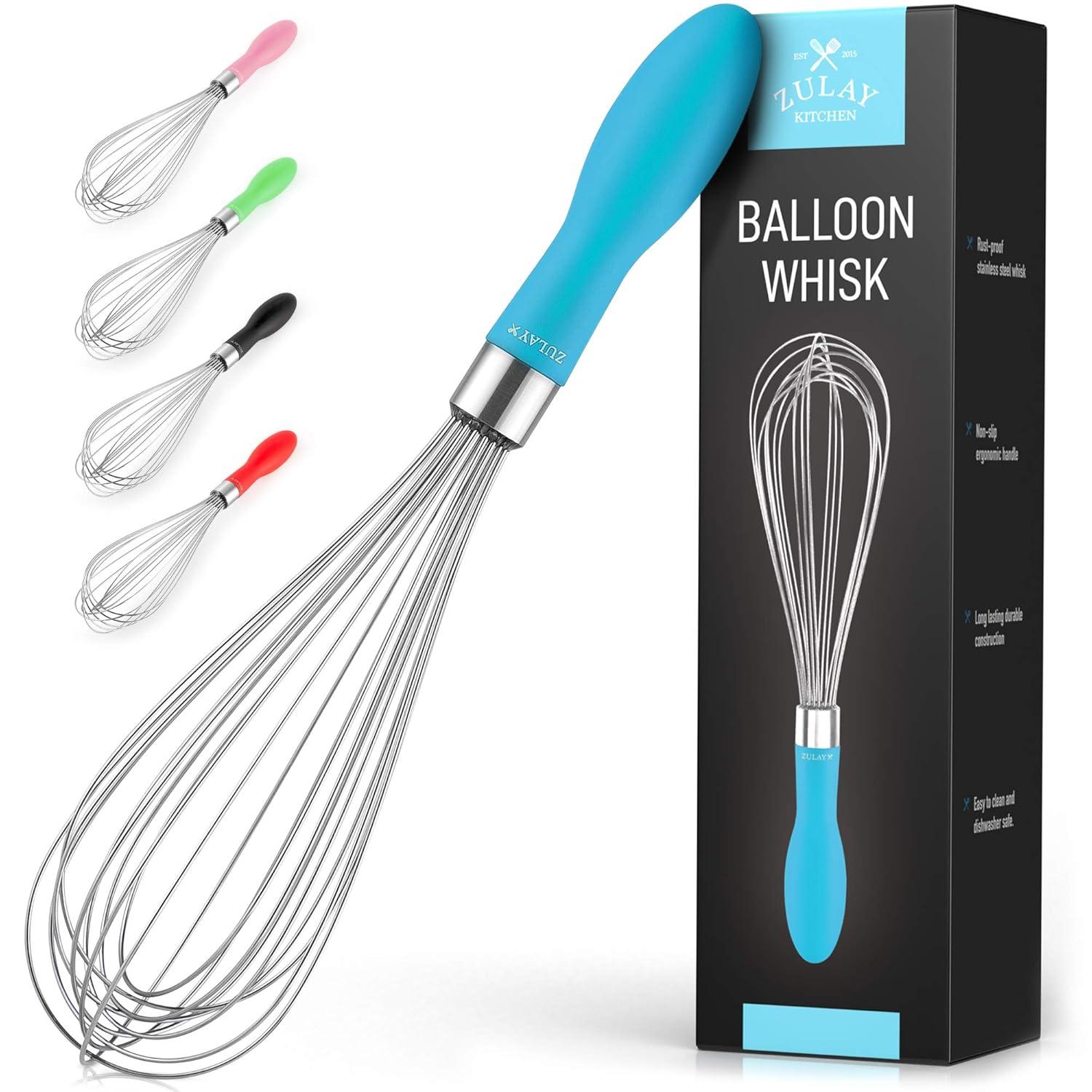 Stainless Steel Whisk - Balloon Kitchen Tool With Soft Silicone Handle Utensil For Blending, Beating - Azure-12 inch
