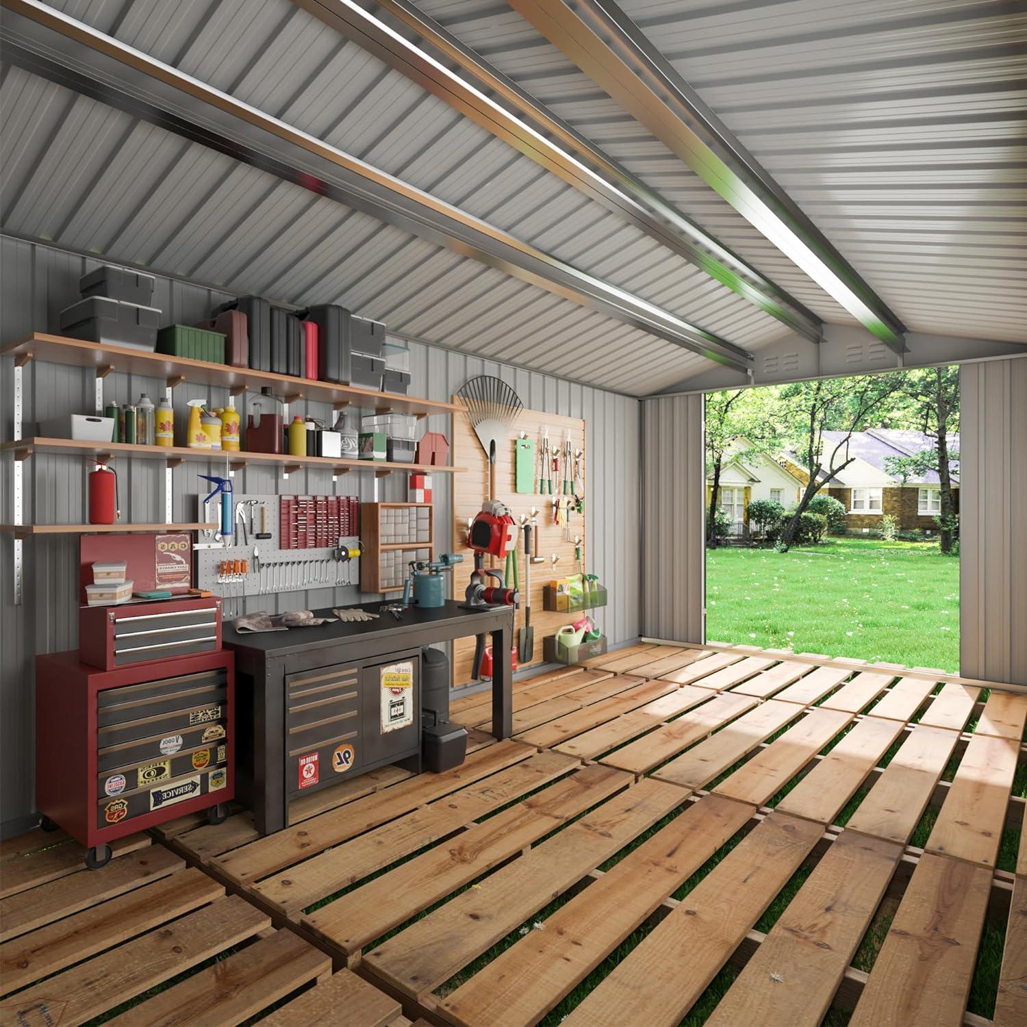 NETAJE 8'x12' Outdoor Metal Storage Shed with Upgraded Frame and Lockable Doors for Backyard, Garden, Lawn, Brown