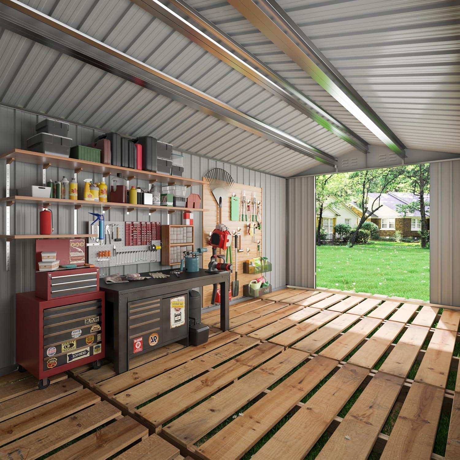 NETAJE 8'x12' Outdoor Metal Storage Shed with Upgraded Frame and Lockable Doors for Backyard, Garden, Lawn, Brown