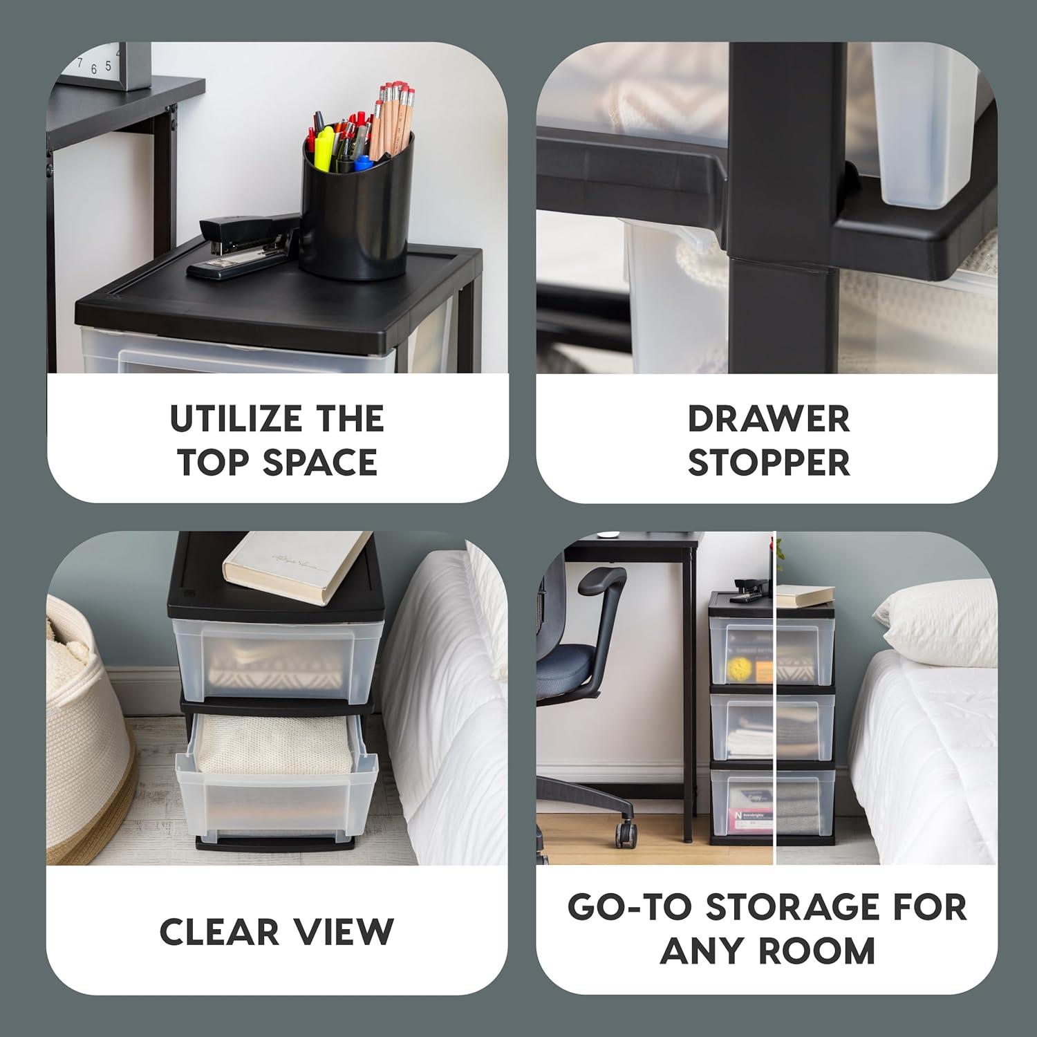 IRIS USA 3-Drawer Plastic Storage Dresser, 2-Pack, Standing Organizer Storage Container Bin with Drawers for Clothes Crafts Classroom, Black/Clear