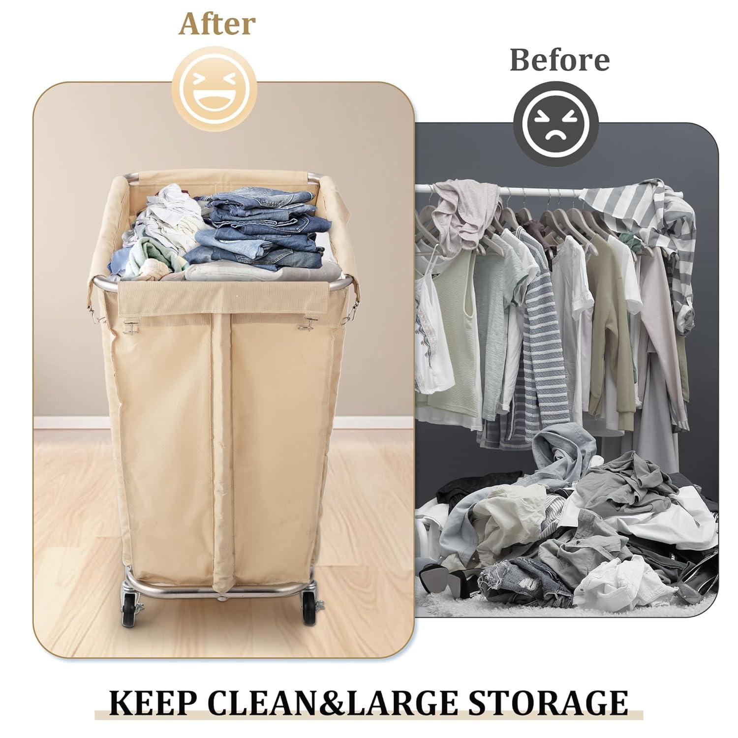 Rengue Commercial Laundry Cart with Wheels, 320L Capacity Laundry Sorter Rolling Laundry Hamper with Waterproof Oxford Basket and Sturdy Steel Frame, 260 lbs Load, Beige