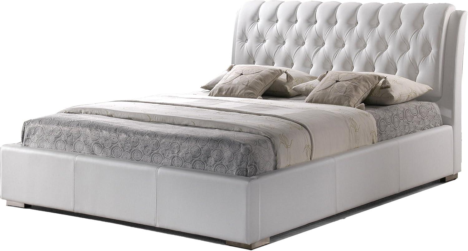 Baxton Studio Full Bianca Modern Bed with Tufted Headboard White : Chic Faux Leather, Elegant Curve Design, No Box Spring Needed