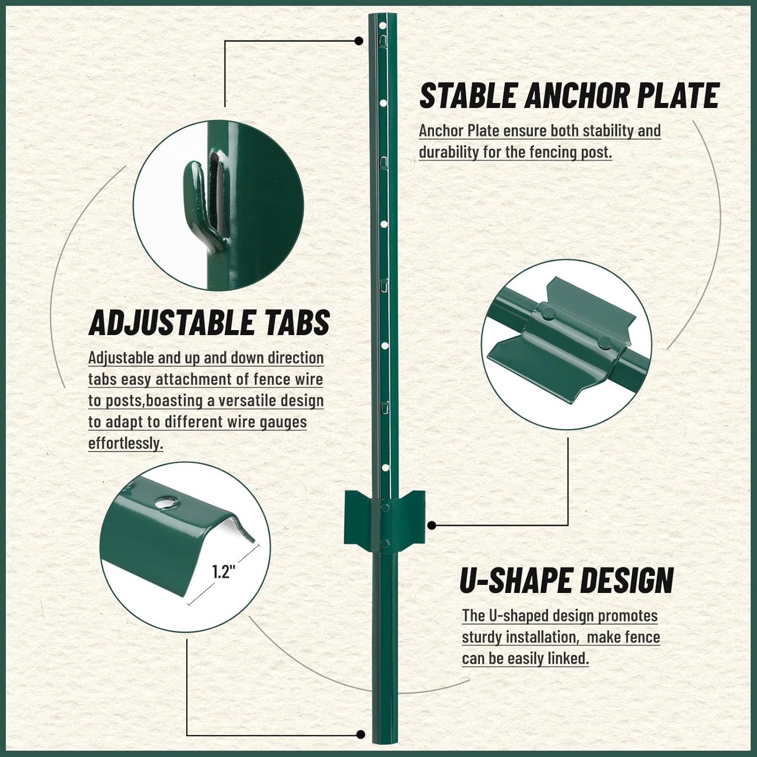 Fence Posts 3Feet - 10Pack, Heavy Duty Metal Fence Post with U-Channel, Steel Fence U-Post for Holding Garden Wire Fence, Corner Anchor Posts etc.