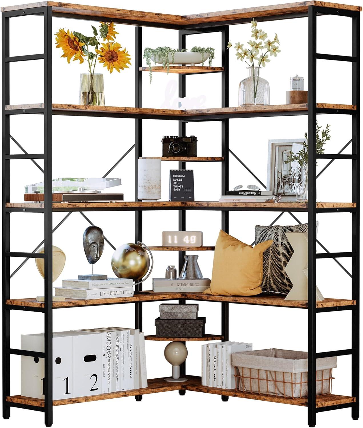 Industrial Brown 5-Tier L-Shaped Corner Bookcase with Metal Frame