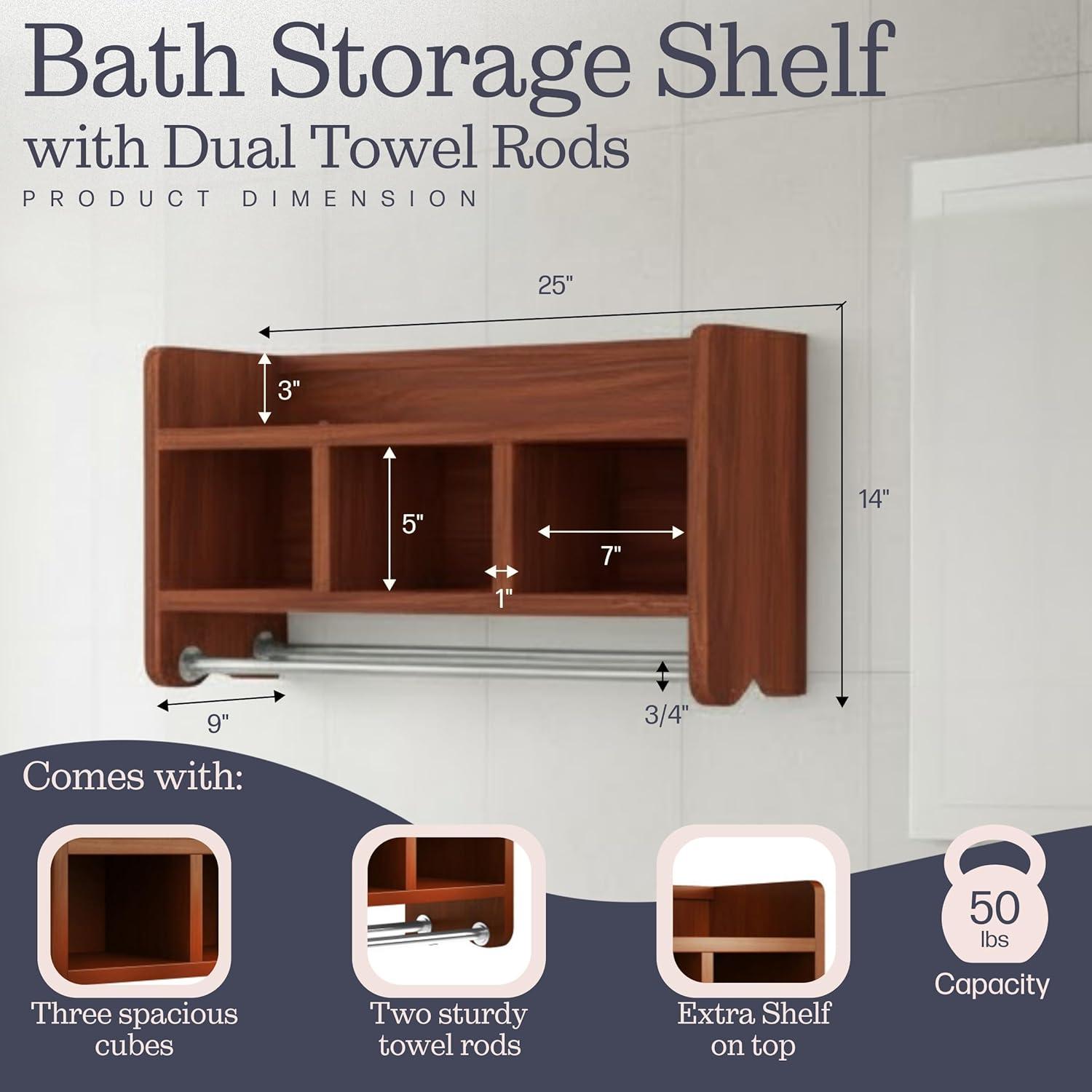 25" Bath Storage Shelf with Towel Rod, Chestnut