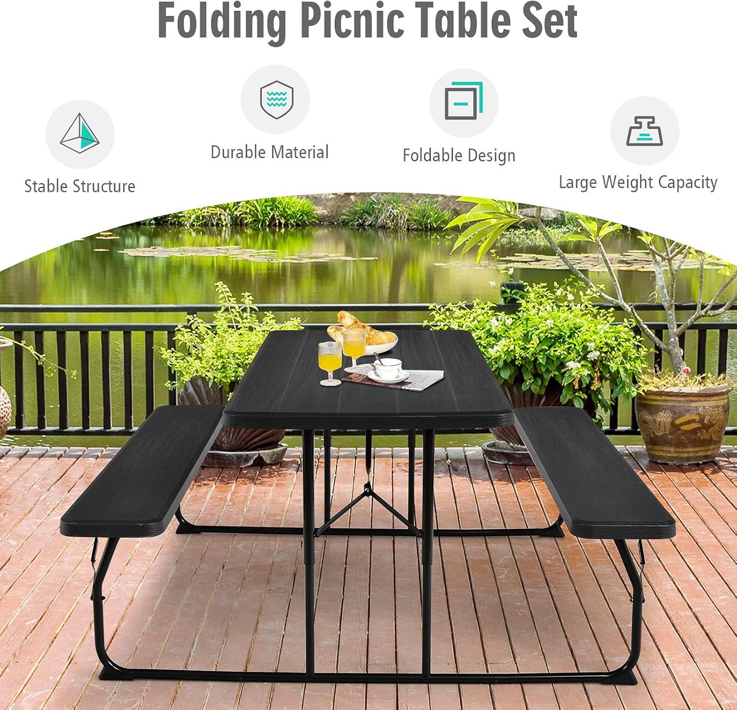 Resenkos Indoor and Outdoor Folding Picnic Table Bench Set with Wood-like Texture-Black for Patio Back Deck, Balcany, Poolside