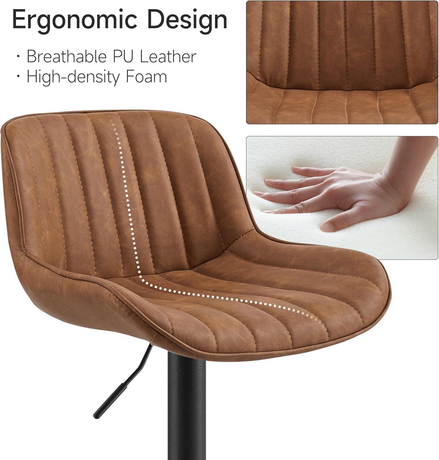 Art Leon Bar Stools Set of 2, PU Leather Swivel Steel Legs,Brown