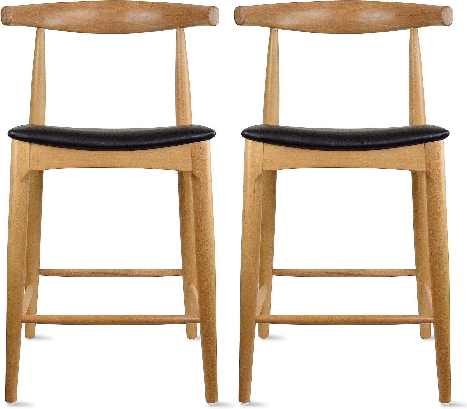 Set of 2 Solid Wood Farmhouse 25" Counter Stools with PU Leather Cushion Seat, Modern Accent Dining Elbow Chair Barstools, Natural