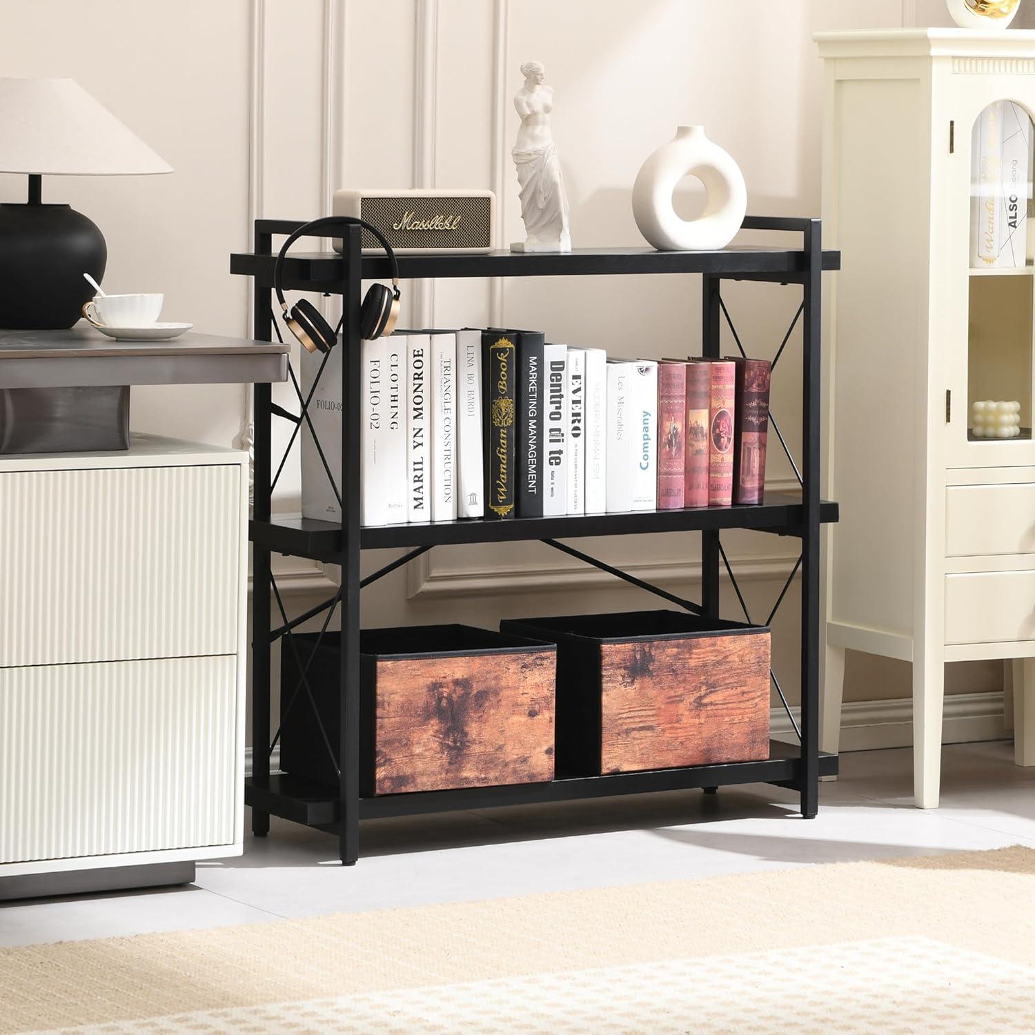 Black 3-Tier Adjustable Industrial Bookcase with Metal Frame