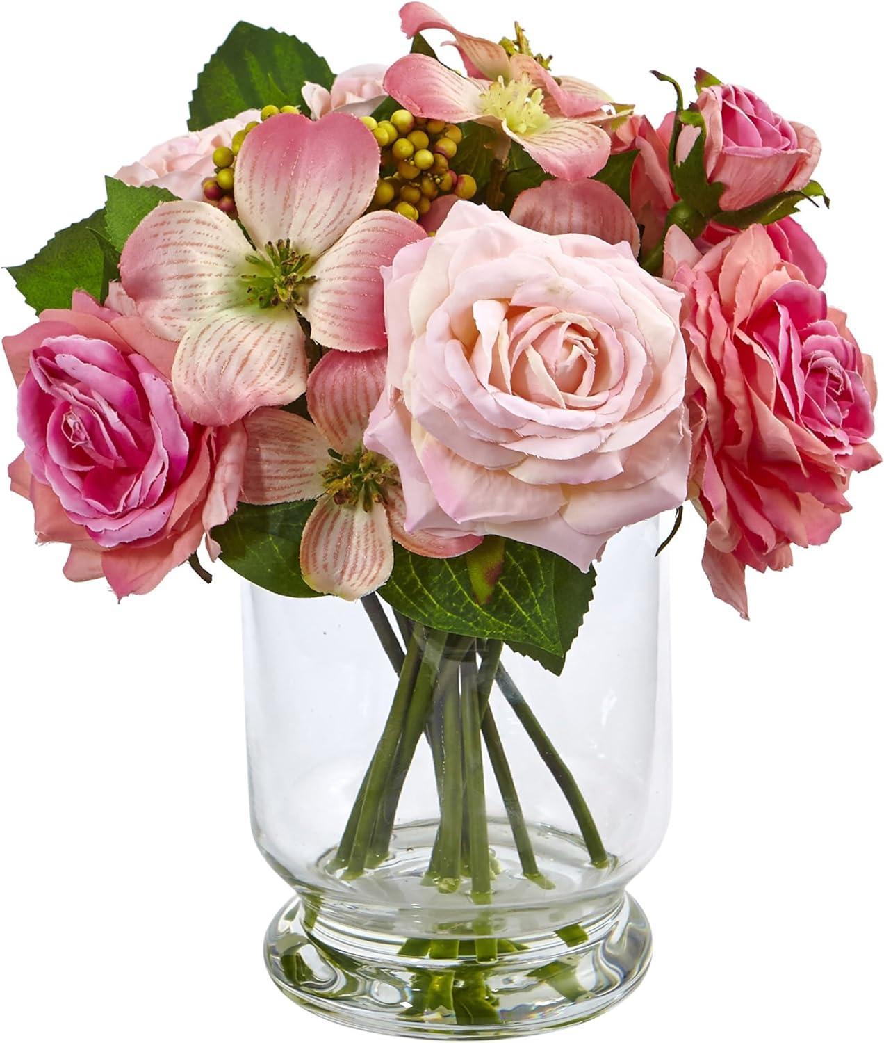 10-Inch Pink Rose and Berry Glass Vase Arrangement