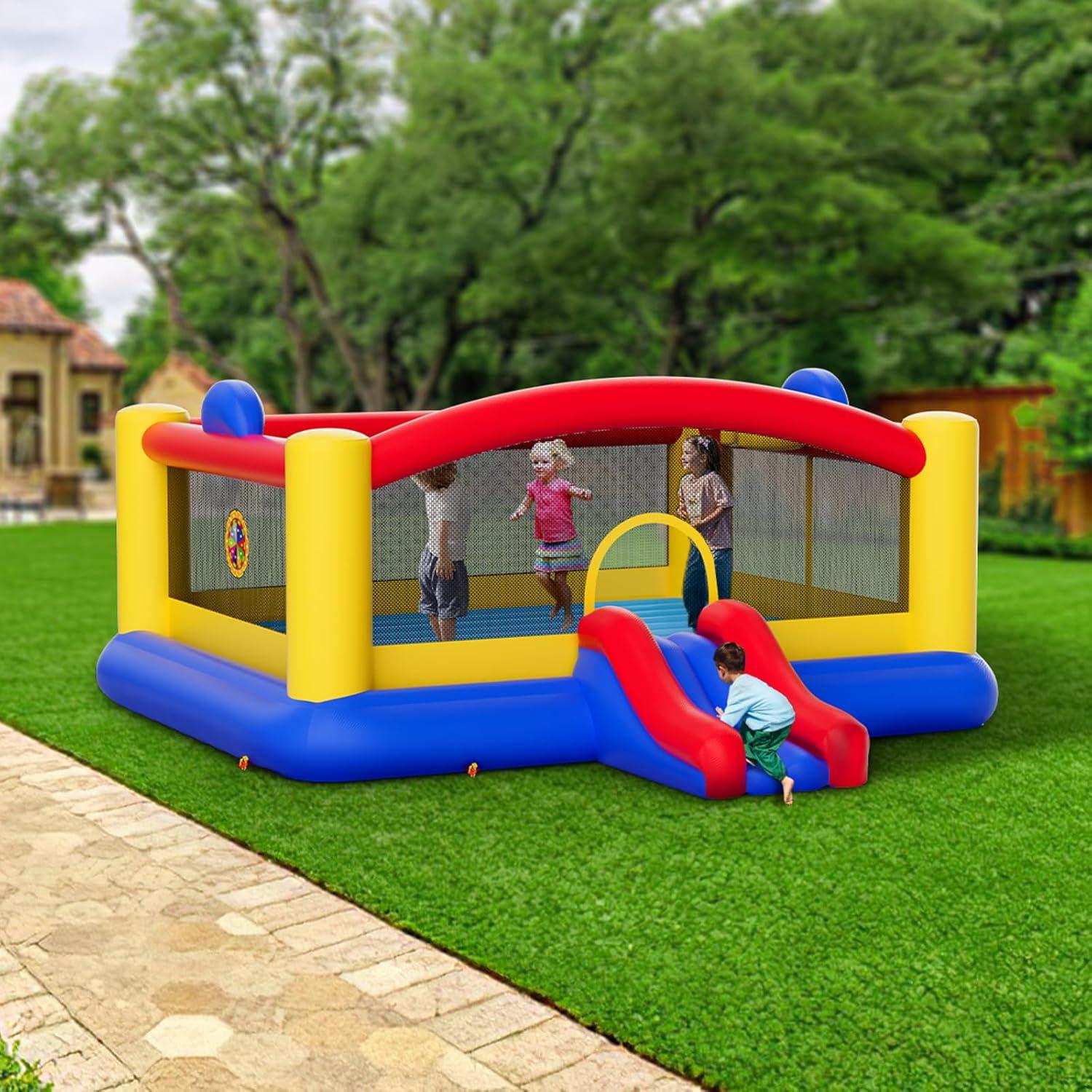Large Multicolor Inflatable Bounce House with Slide and Basketball Hoop
