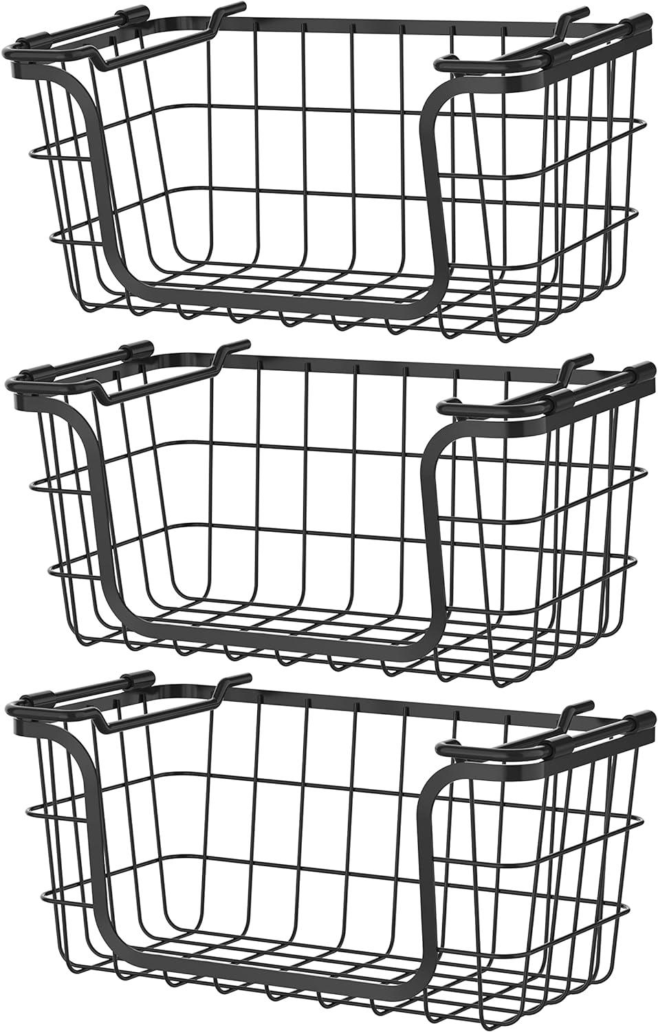 Modern Black Metal Wire 3-Piece Stackable Storage Basket Set