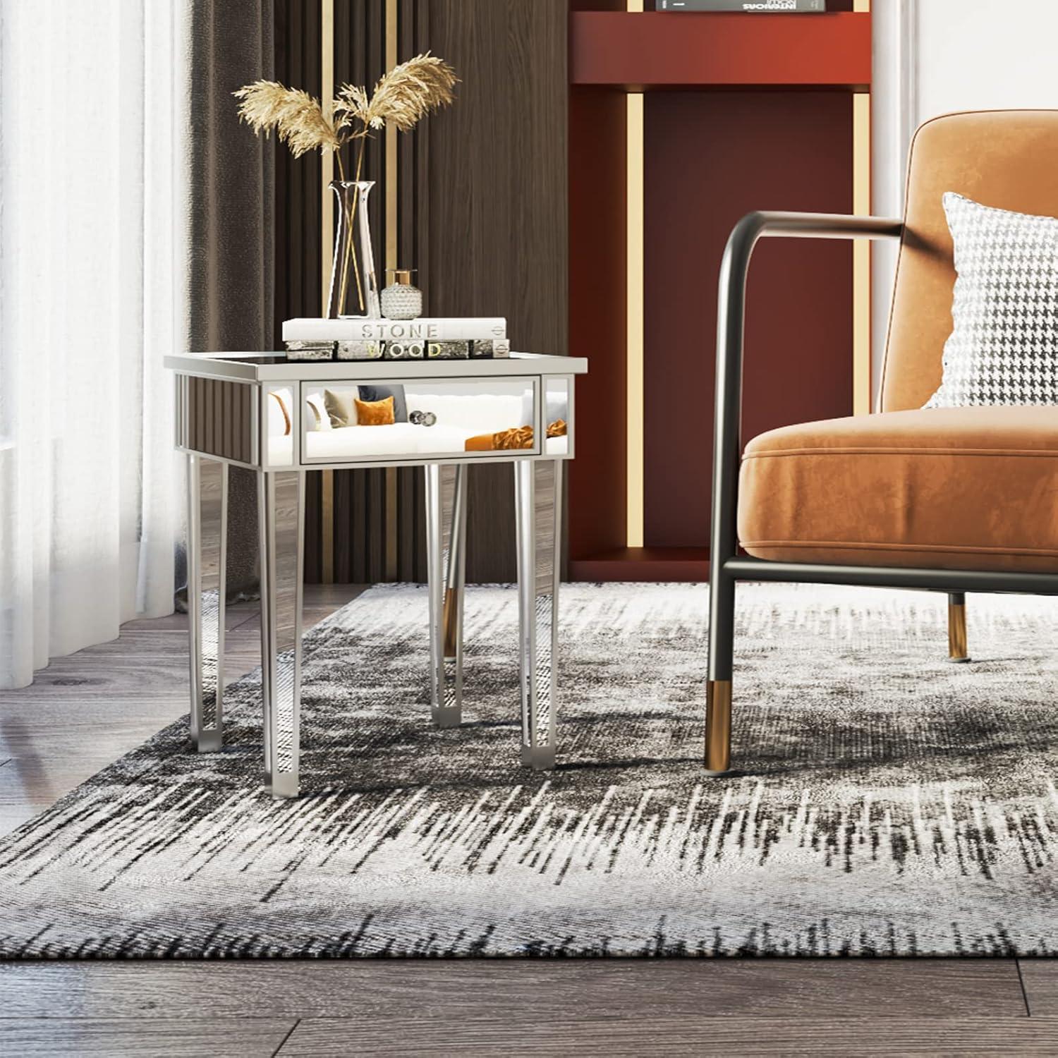 Silver Mirrored End Table with Drawer and Solid Wood Legs