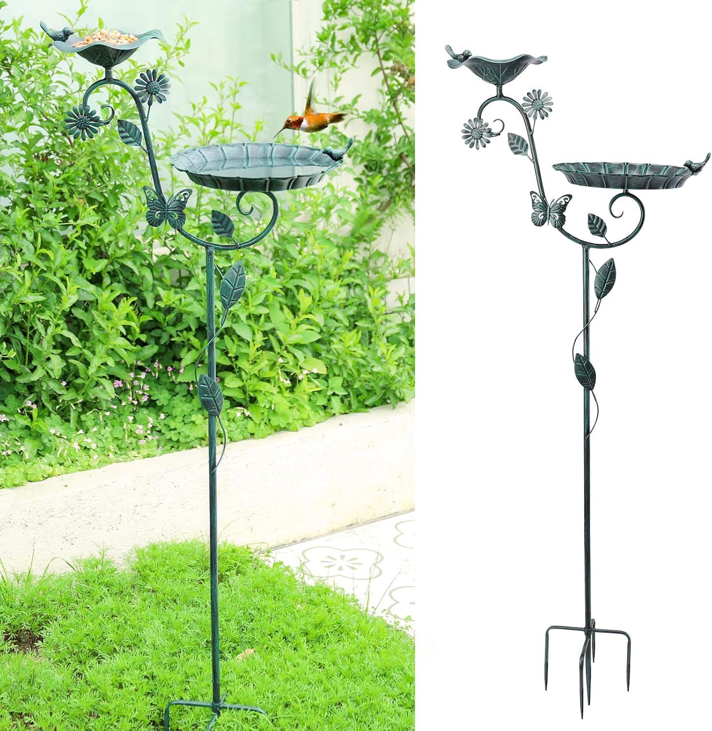 Ophelia & Co. Bird Baths And Feeder For Outdoors, 53 Inch Height Metal Birdbath Antique Garden Bird Feeder With Metal Stake For Garden Outside Yard Lawn Decorations, Green