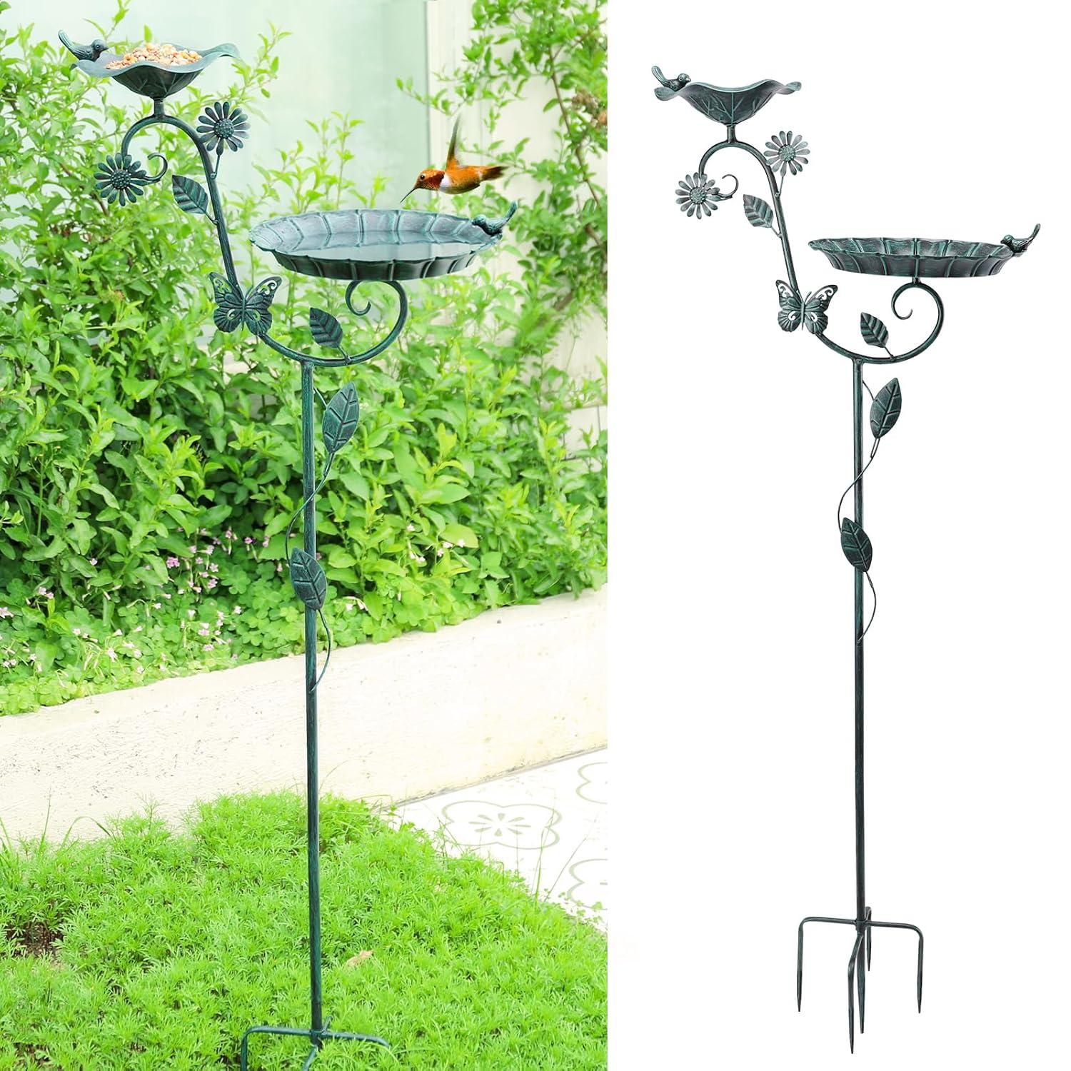 Ophelia & Co. Bird Baths And Feeder For Outdoors, 53 Inch Height Metal Birdbath Antique Garden Bird Feeder With Metal Stake For Garden Outside Yard Lawn Decorations, Green