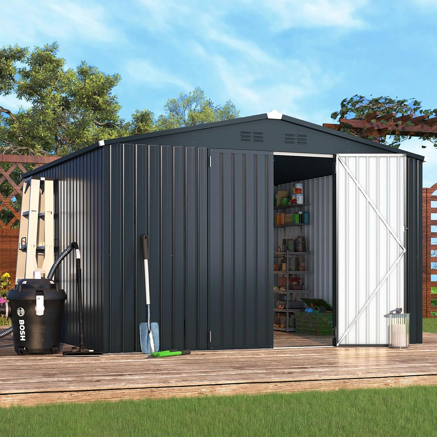 AECOJOY 12' x 10' Outdoor Storage Shed with Lockable Door Patio Metal Garden Storage Building in Dark Gray for Outside