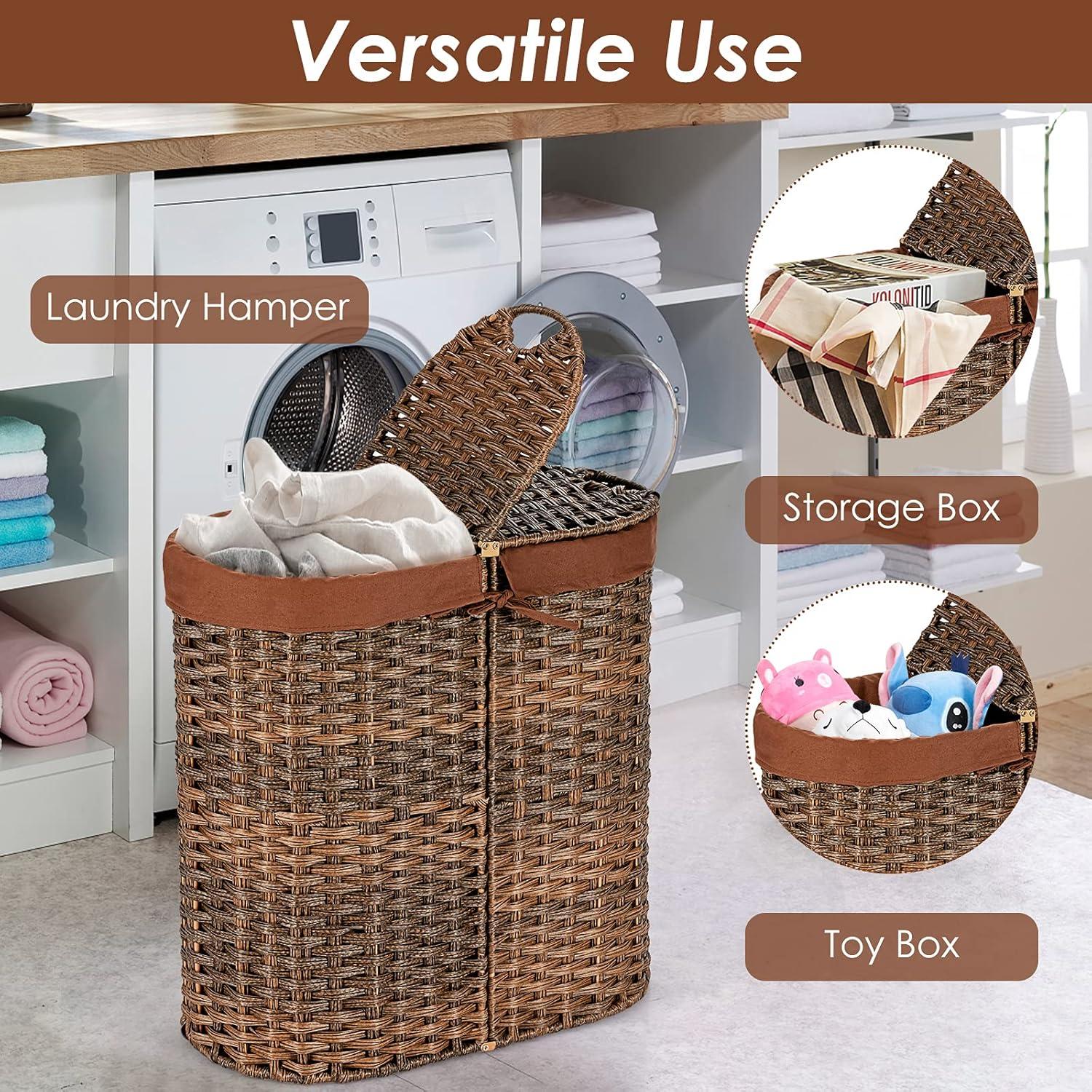 FENG20 Handwoven Laundry Hamper Laundry Basket w/2 Removable Liner Bags Brown