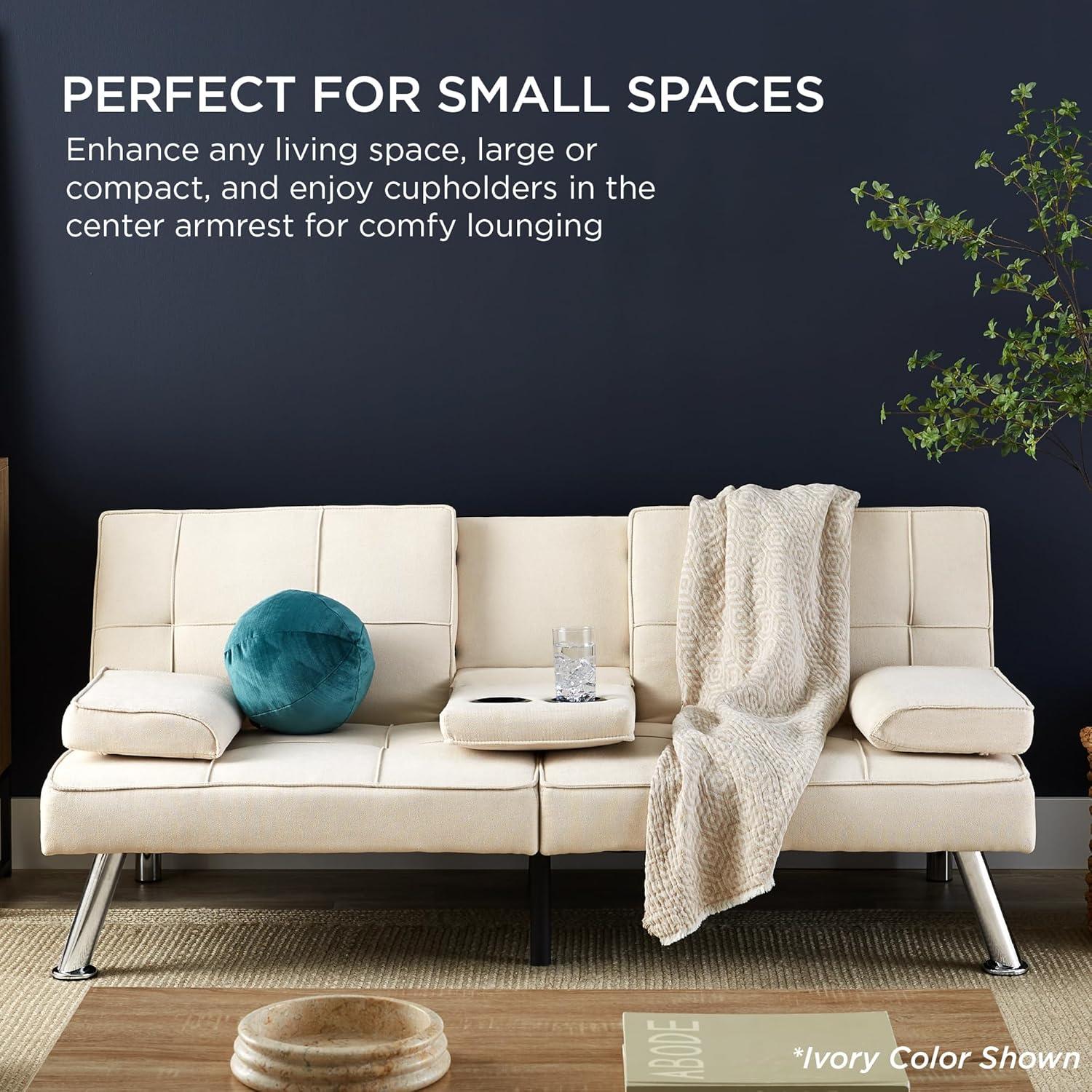 Best Choice Products Modern Linen Convertible Futon Sofa Bed w/ Removable Armrests, Metal Legs, Cupholders - Black