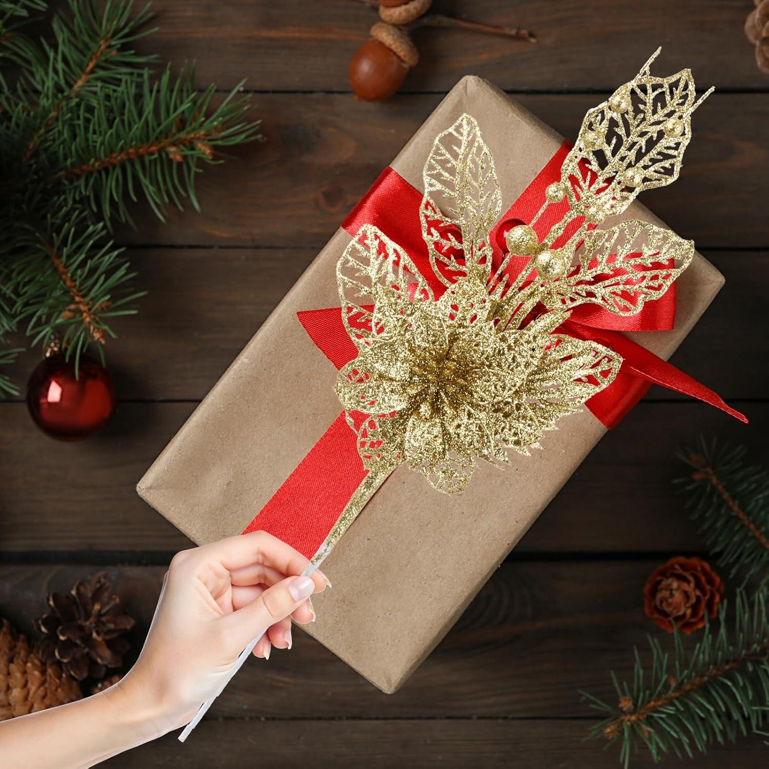 24 Pack Christmas Tree Ornaments - Artificial Flowers Glitter Berry Stems Christmas Floral Picks Branches for Xmas Tree Decorations Vase Filler Holiday Wedding Party Home Decor (Gold)