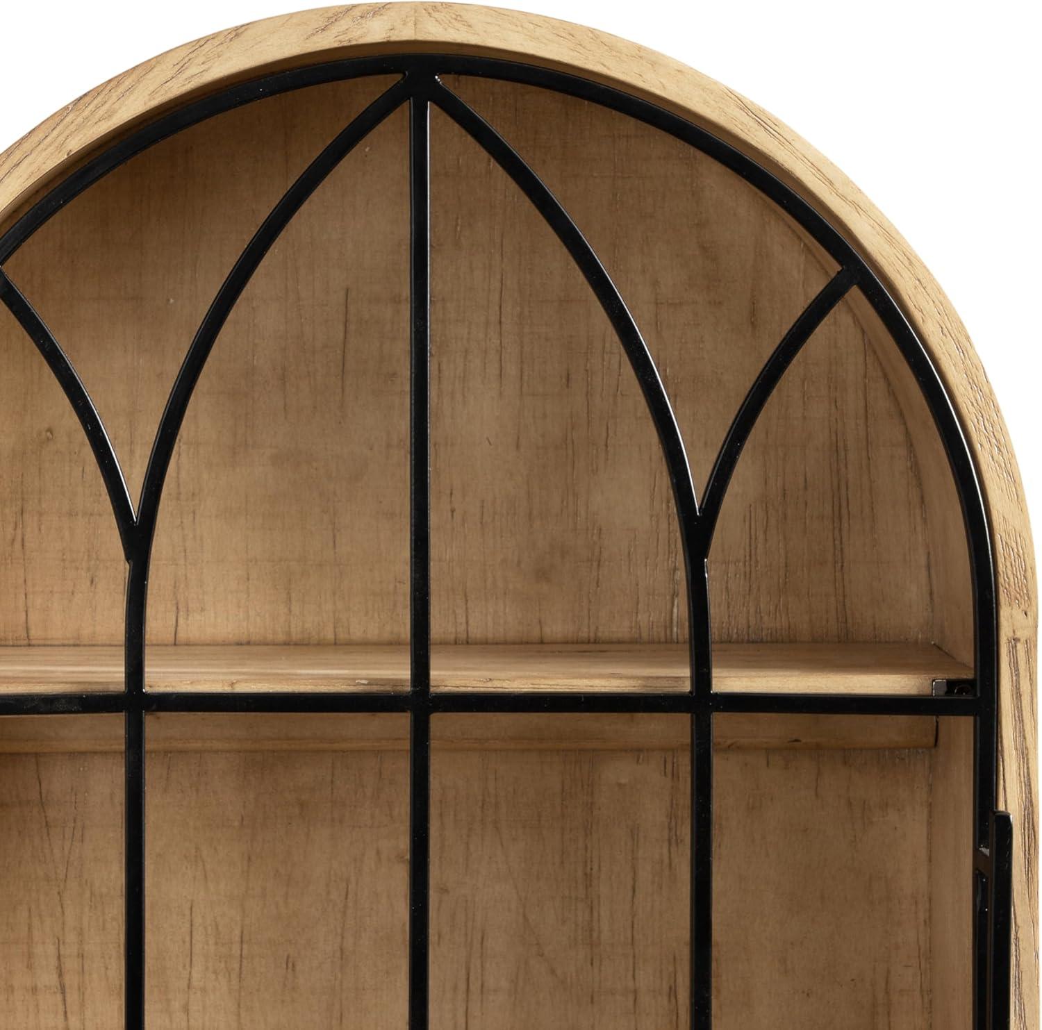 Natural Wood and Black Arched Wall Cabinet with Metal Door