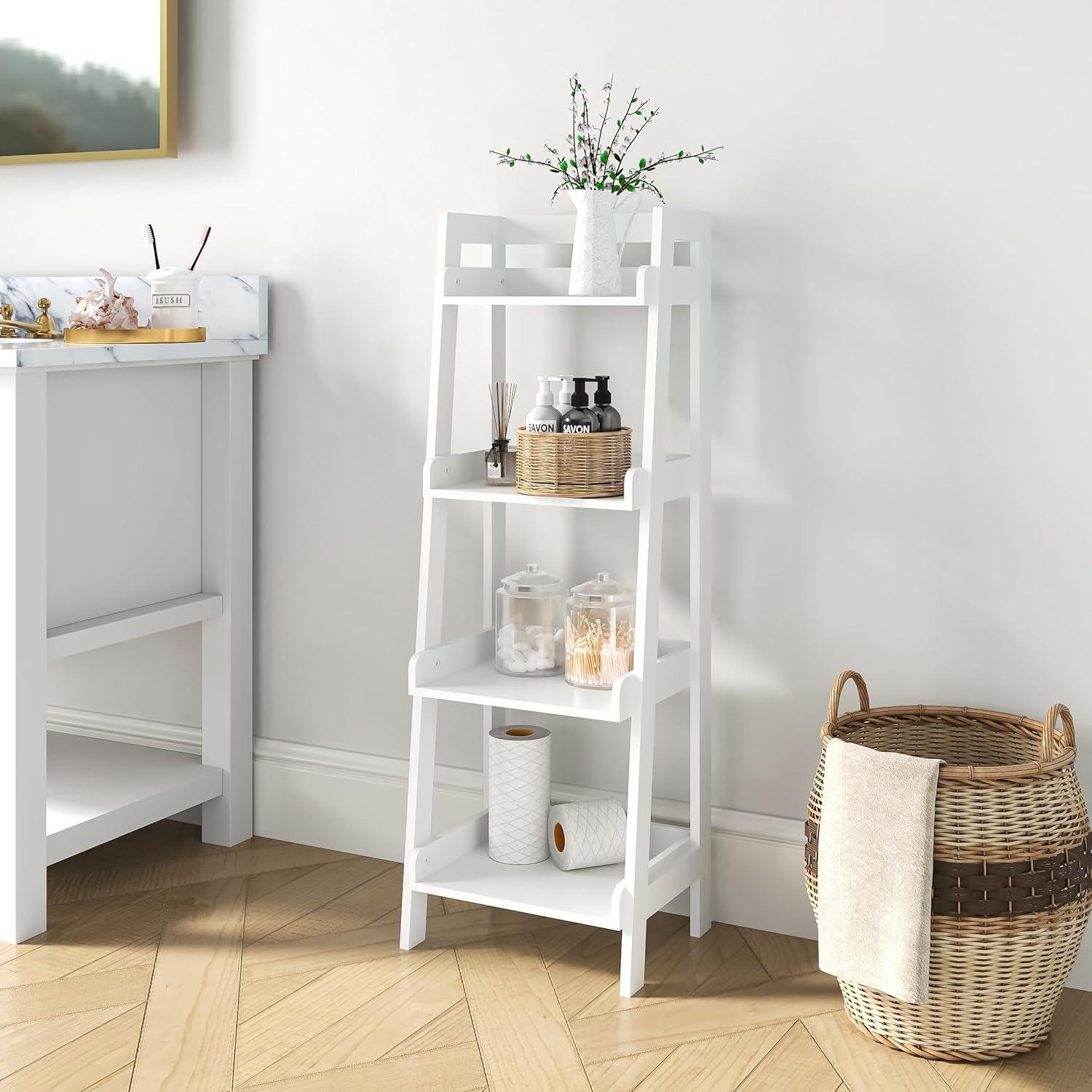 4-Tier Ladder Shelf, Bathroom Shelf Freestanding, 4-Shelf Spacesaver Open Wood Shelving Unit, Ladder Shelf (White)