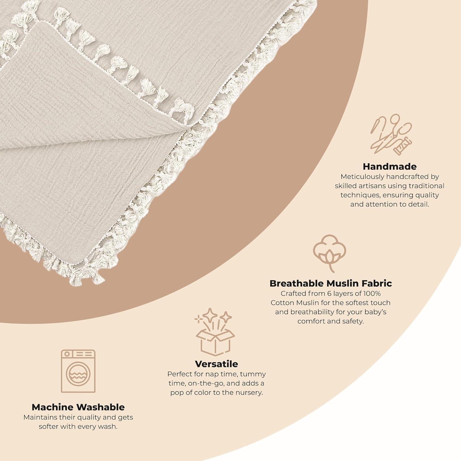 Moonstone Cotton Muslin Baby Blanket with Fringe Trim